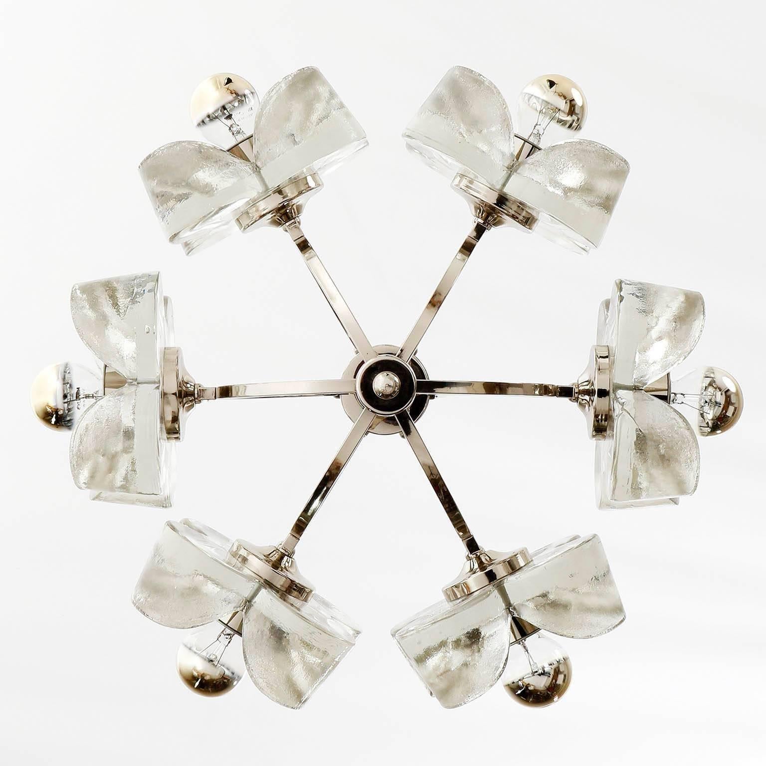 Late 20th Century One of Two Mazzega Ice Glass Chrome Flower Chandeliers Pendant Lights Italy 1970