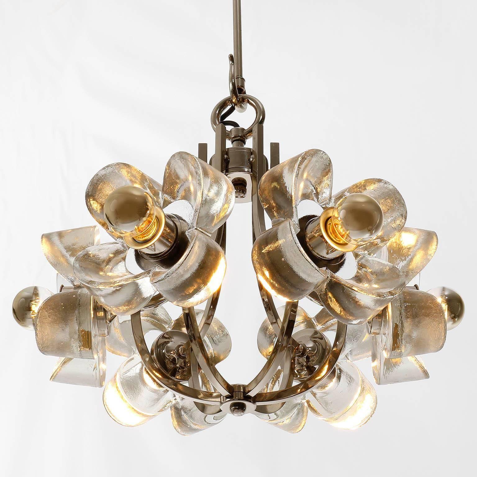 One of Two Mazzega Ice Glass Chrome Flower Chandeliers Pendant Lights Italy 1970 1