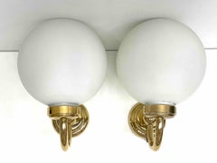 Pair of Art Deco Style Brass and Milk Glass Sconces, Germany