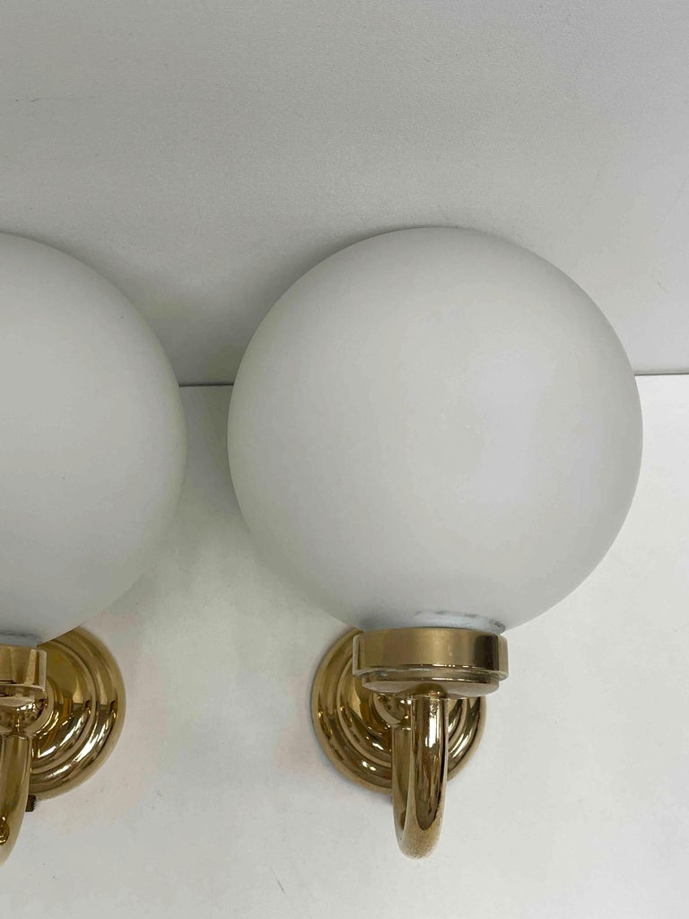 Mid-20th Century Pair of Art Deco Style Brass and Milk Glass Sconces, Germany For Sale