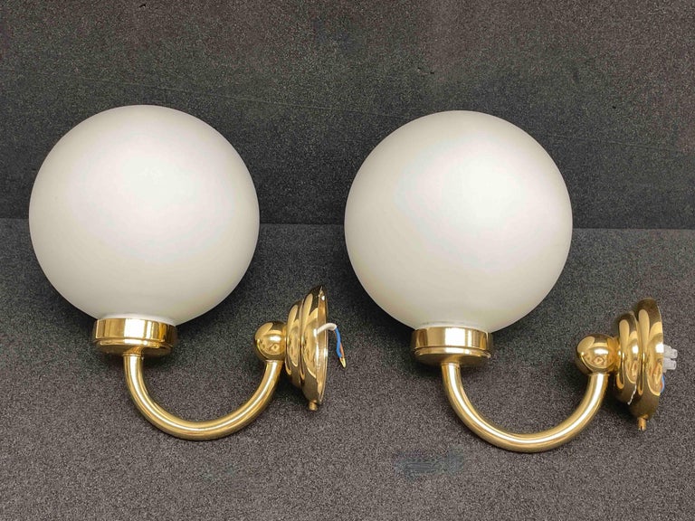 Metal Pair of Art Deco Style Brass and Milk Glass Sconces, Germany For Sale