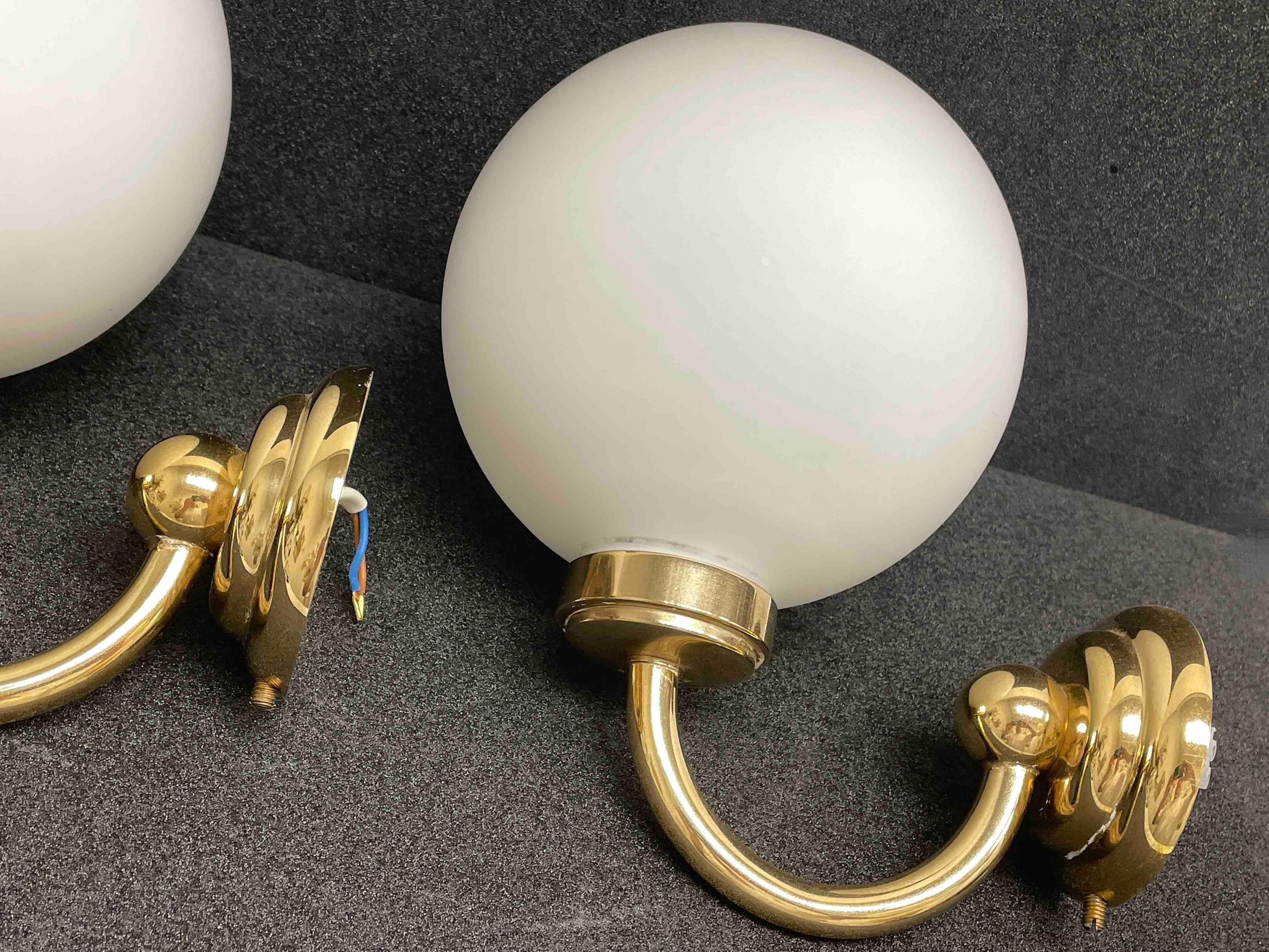 Mid-20th Century Pair of Art Deco Style Brass and Milk Glass Sconces, Germany For Sale