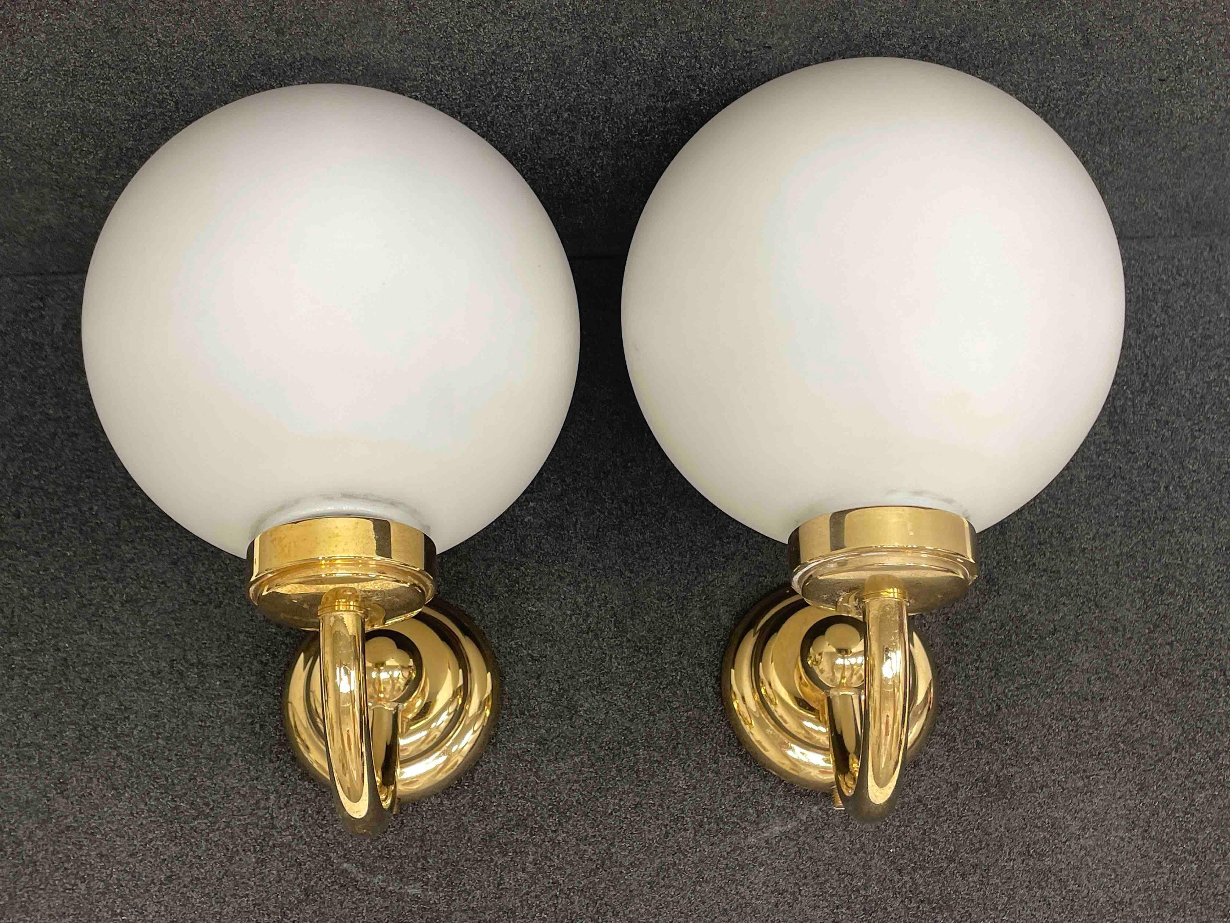 Metal Pair of Art Deco Style Brass and Milk Glass Sconces, Germany For Sale