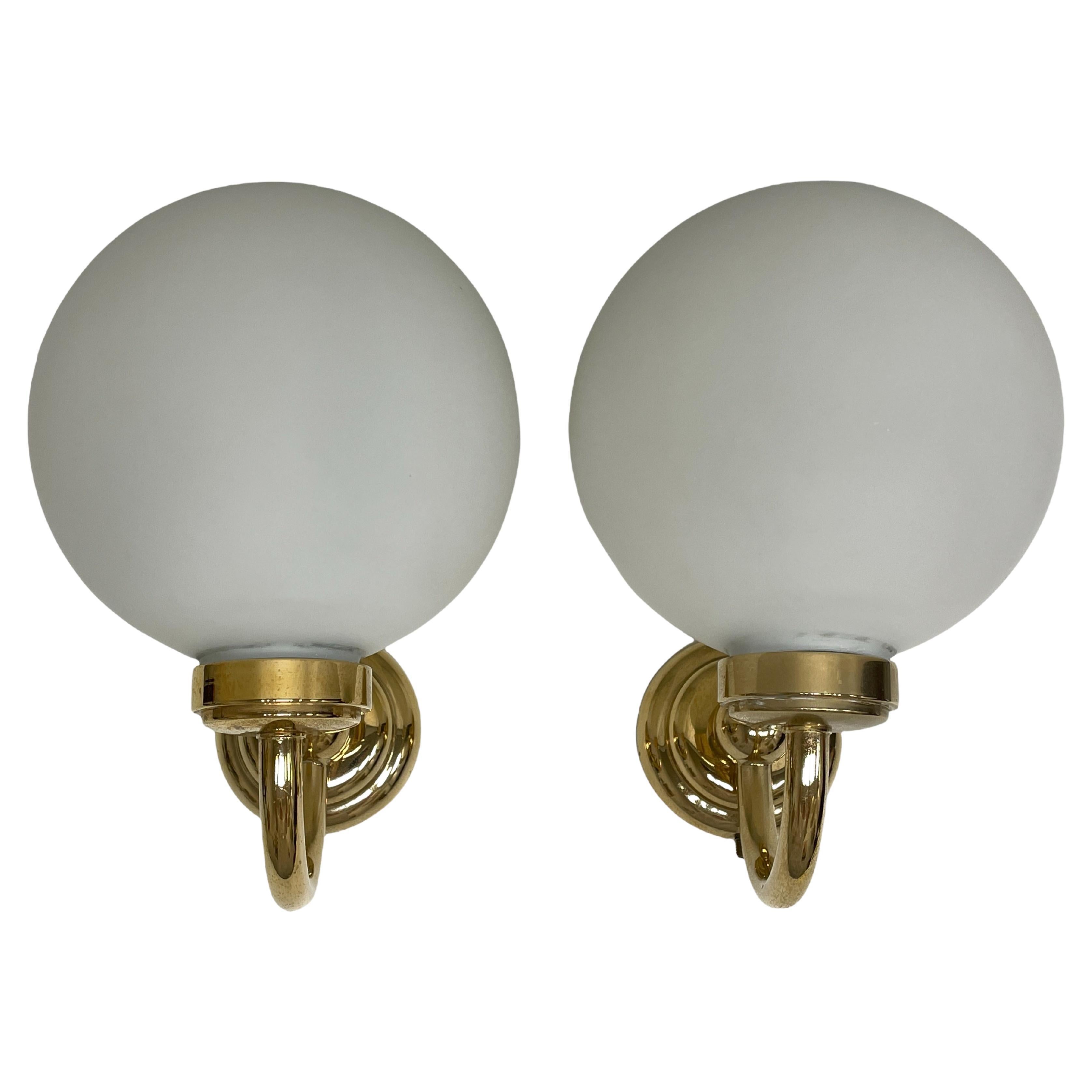 Pair of Art Deco Style Brass and Milk Glass Sconces, Germany