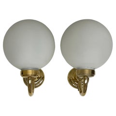 Pair of Art Deco Style Brass and Milk Glass Sconces, Germany