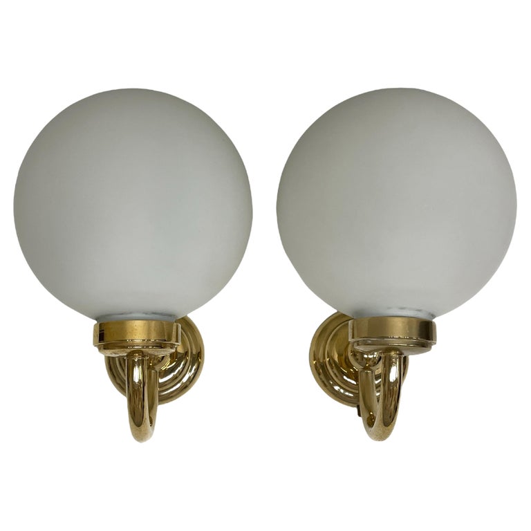 Pair of Art Deco Style Brass and Milk Glass Sconces, Germany For Sale