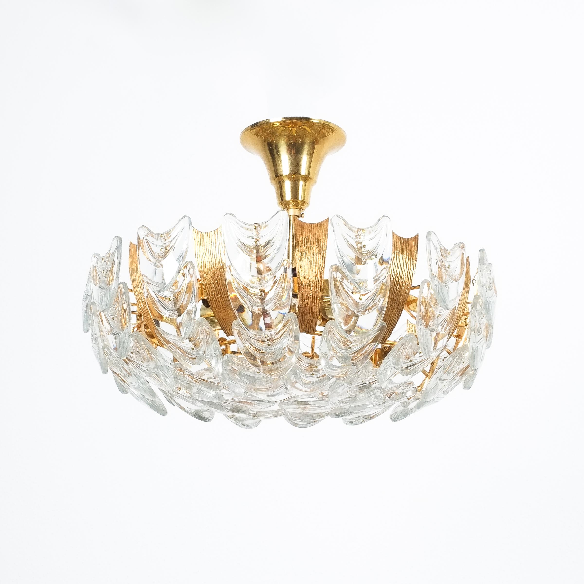 One of two Palwa gold brass and glass semi flush mounts, 1960- priced individually, per piece.

Beautiful Palwa gold brass and glass flush mount, circa 1960. Measuring 15.8