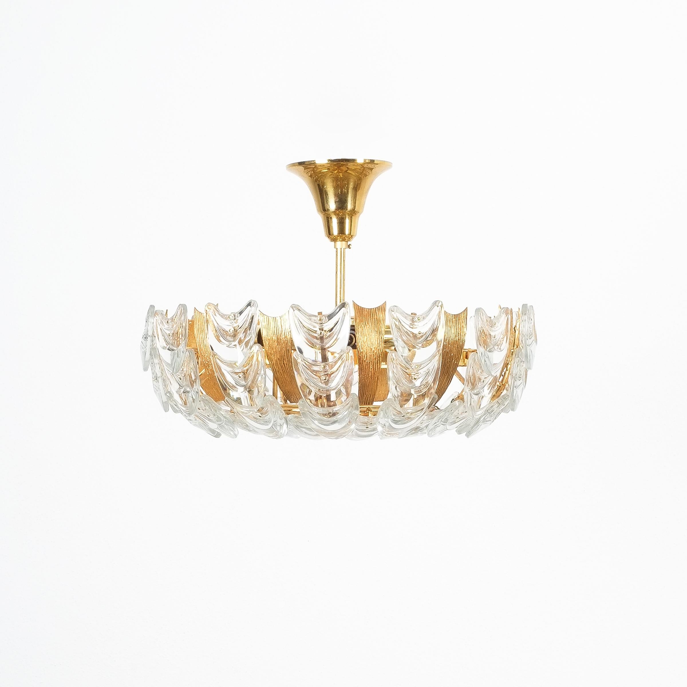 Gilt One of Two Palwa Gold Brass and Glass Semi Flush Mounts, 1960