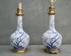 One of Two Porcelain Paris Blue and White Flower Table Lamps