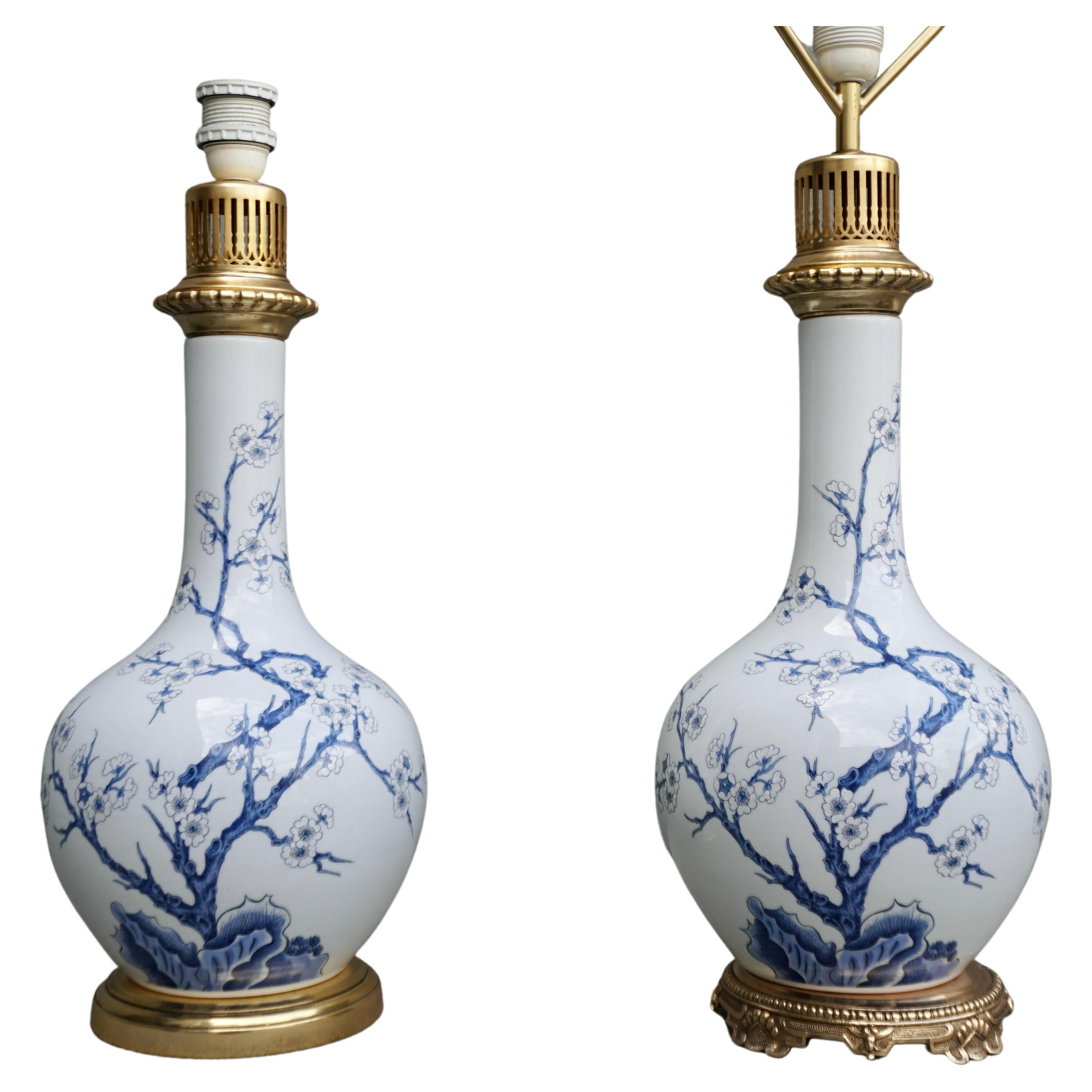 One of Two Porcelain Paris Blue and White Flower Table Lamps For Sale