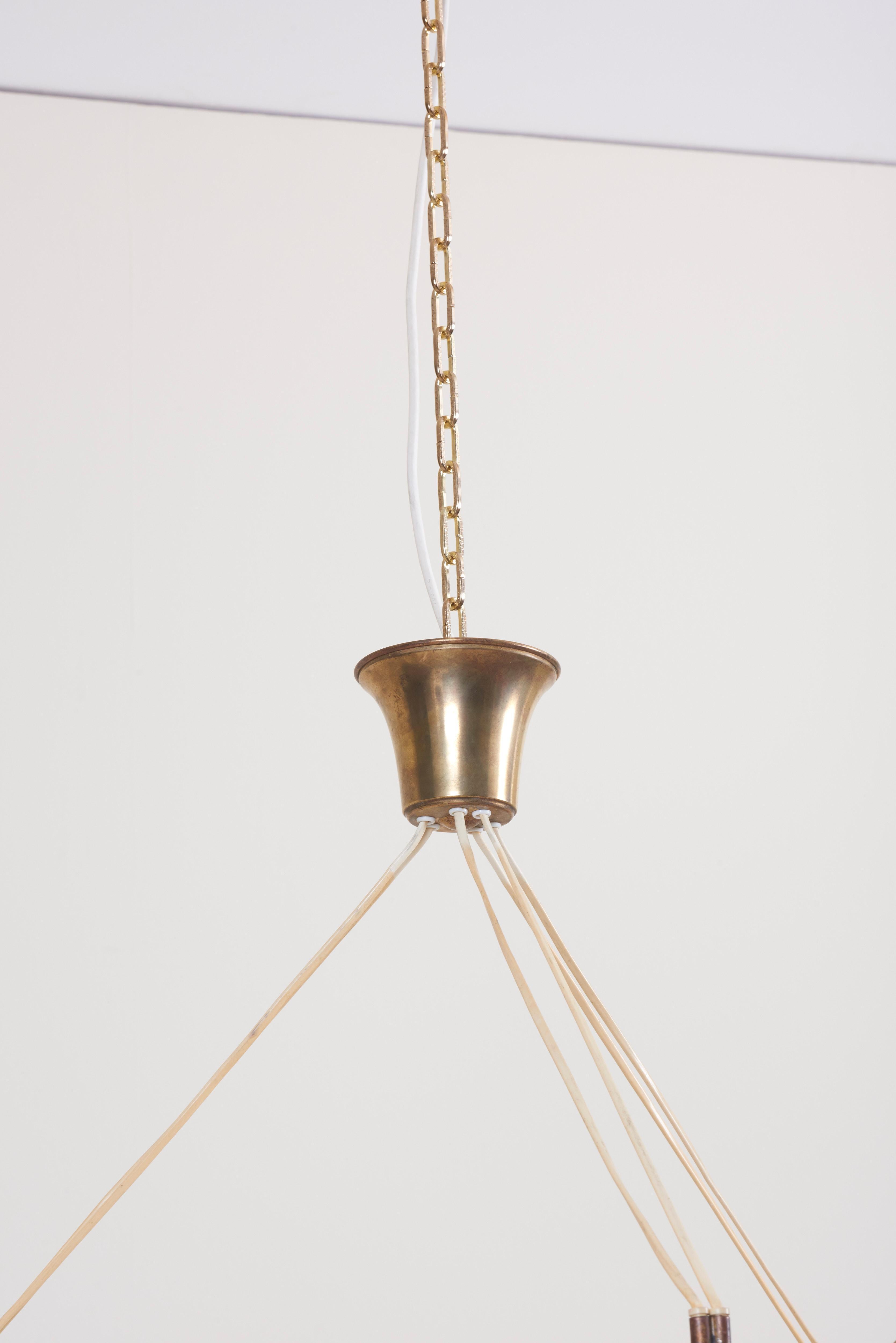 Brass Six Shade Chandelier by Bent Karlby for Lyfa, Denmark, 1950s