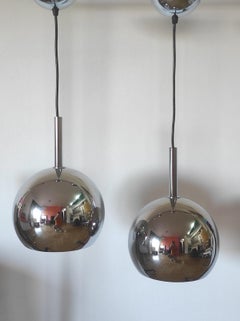 One of Two Space Age Chrome Ball Pendant By Guzzini Italy 1970s