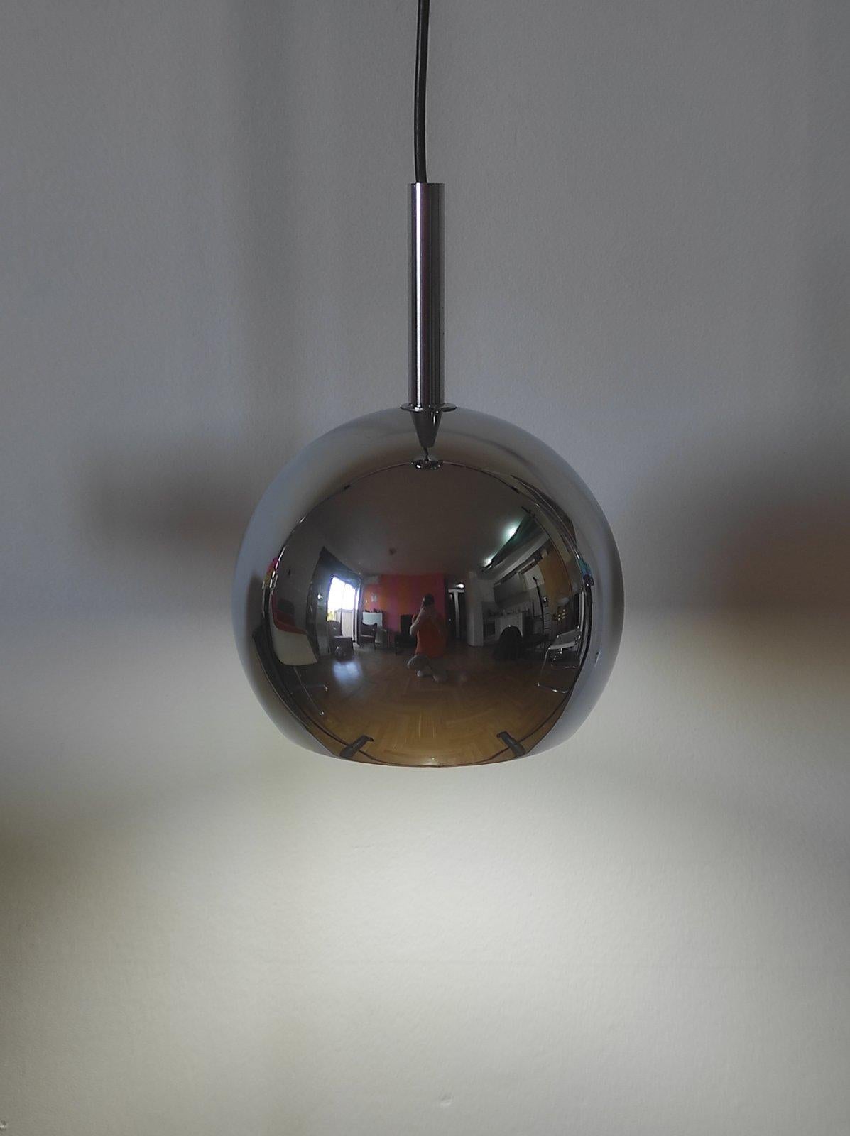 Mid-Century Modern One of Two Space Age Chrome Ball Pendant By Guzzini Italy 1970s For Sale