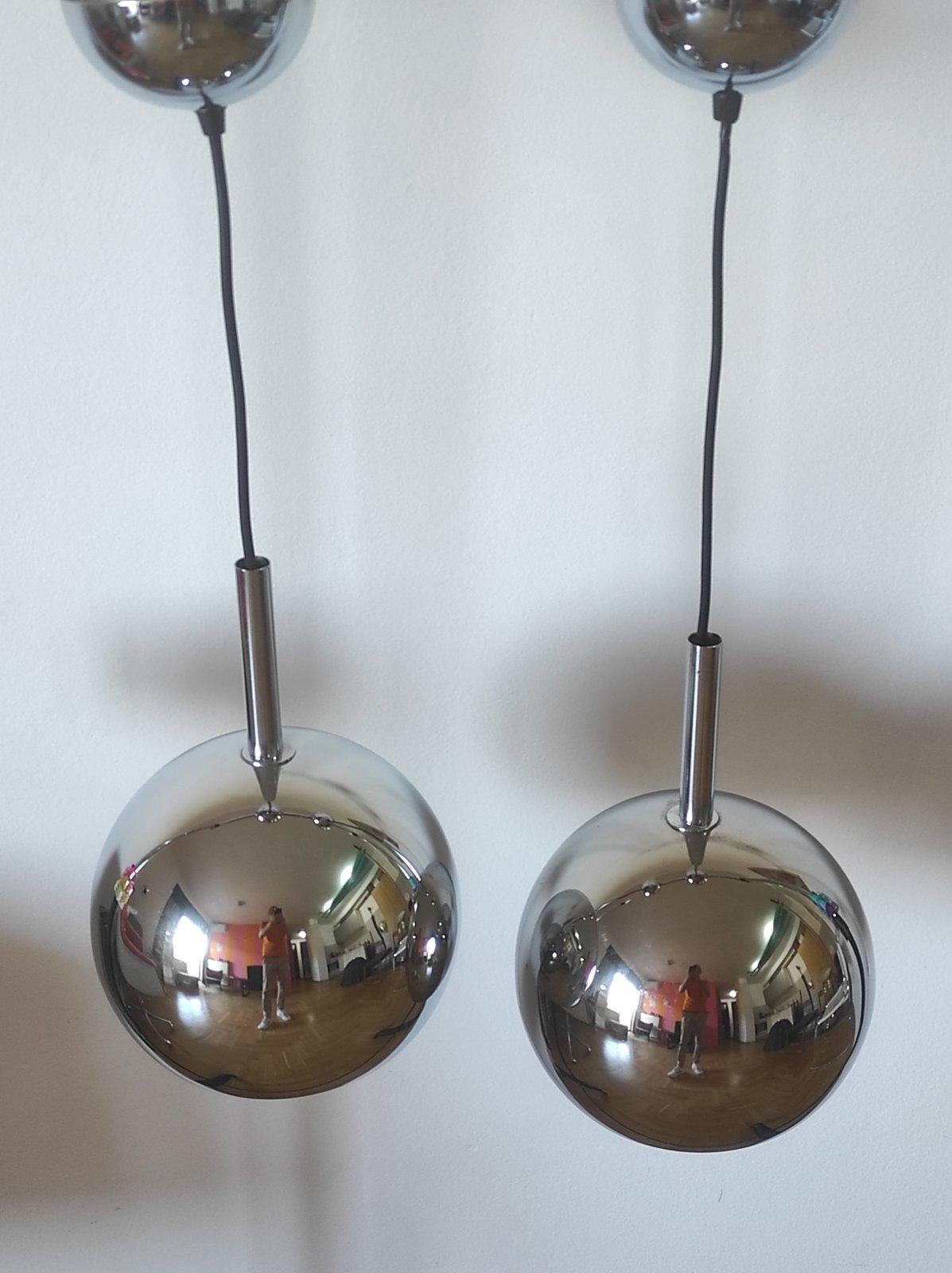 Italian One of Two Space Age Chrome Ball Pendant By Guzzini Italy 1970s For Sale