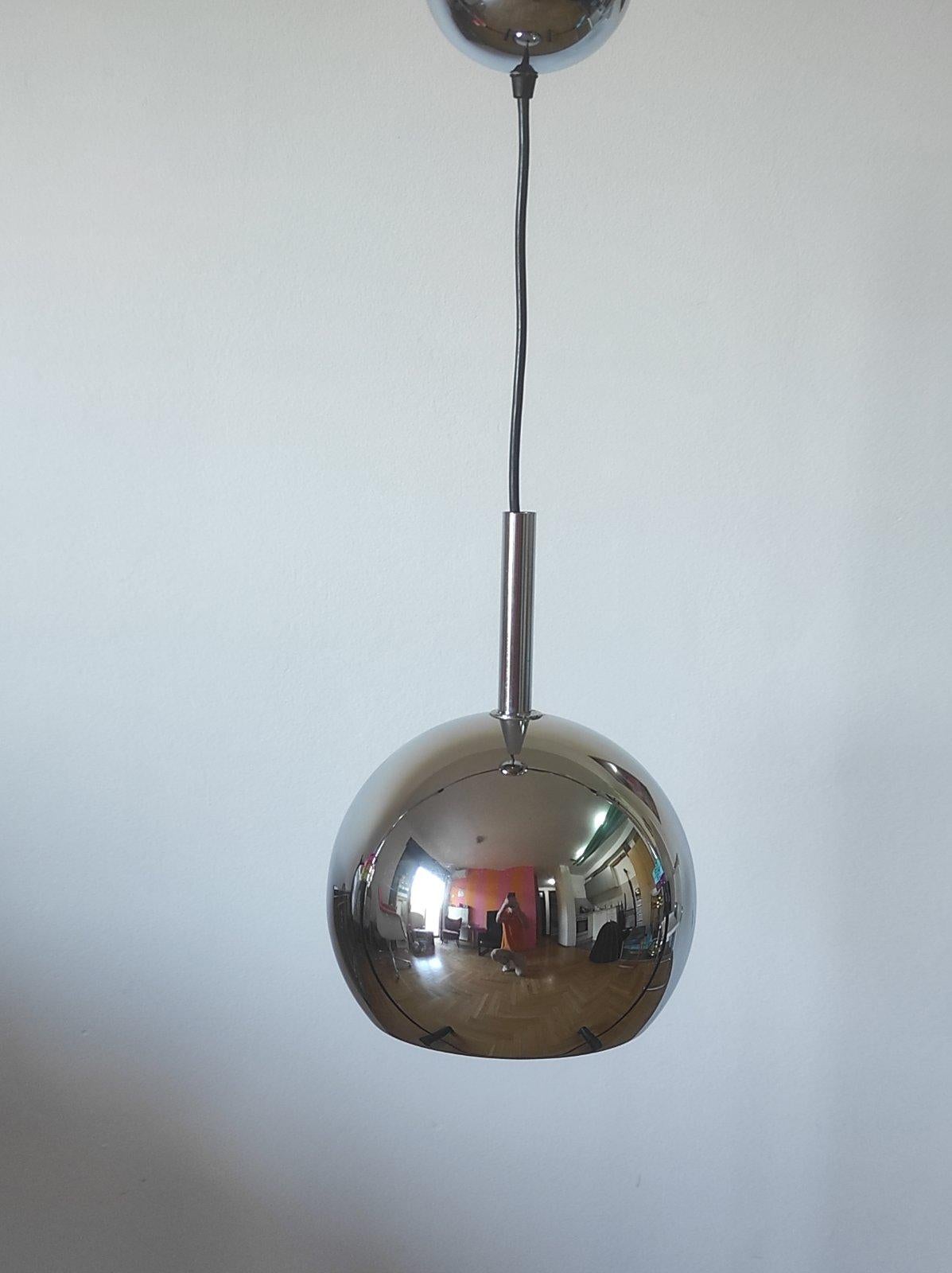 One of Two Space Age Chrome Ball Pendant By Guzzini Italy 1970s For Sale 2