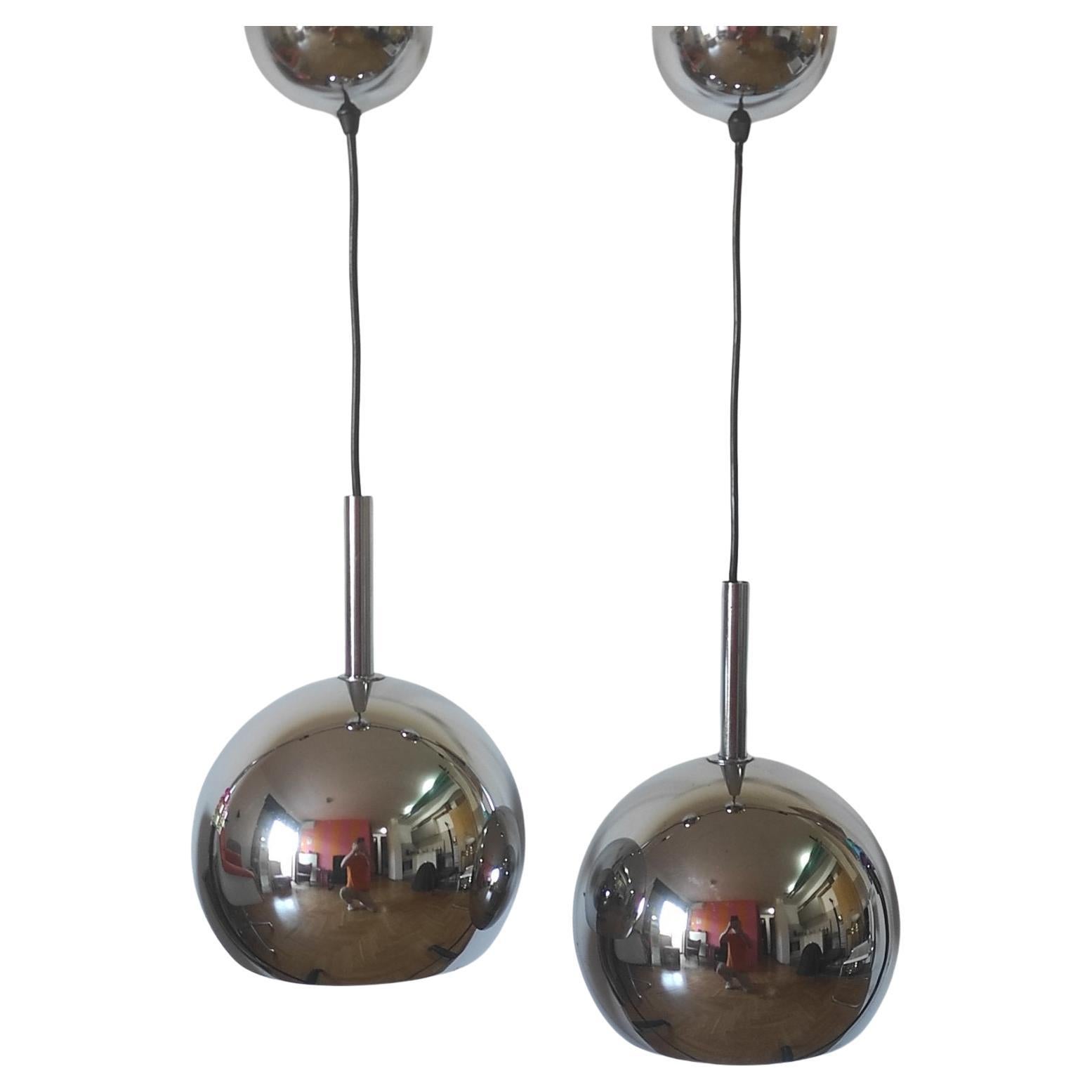 One of Two Space Age Chrome Ball Pendant By Guzzini Italy 1970s For Sale