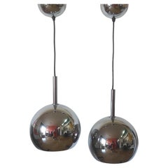 One of Two Space Age Chrome Ball Pendant By Guzzini Italy 1970s