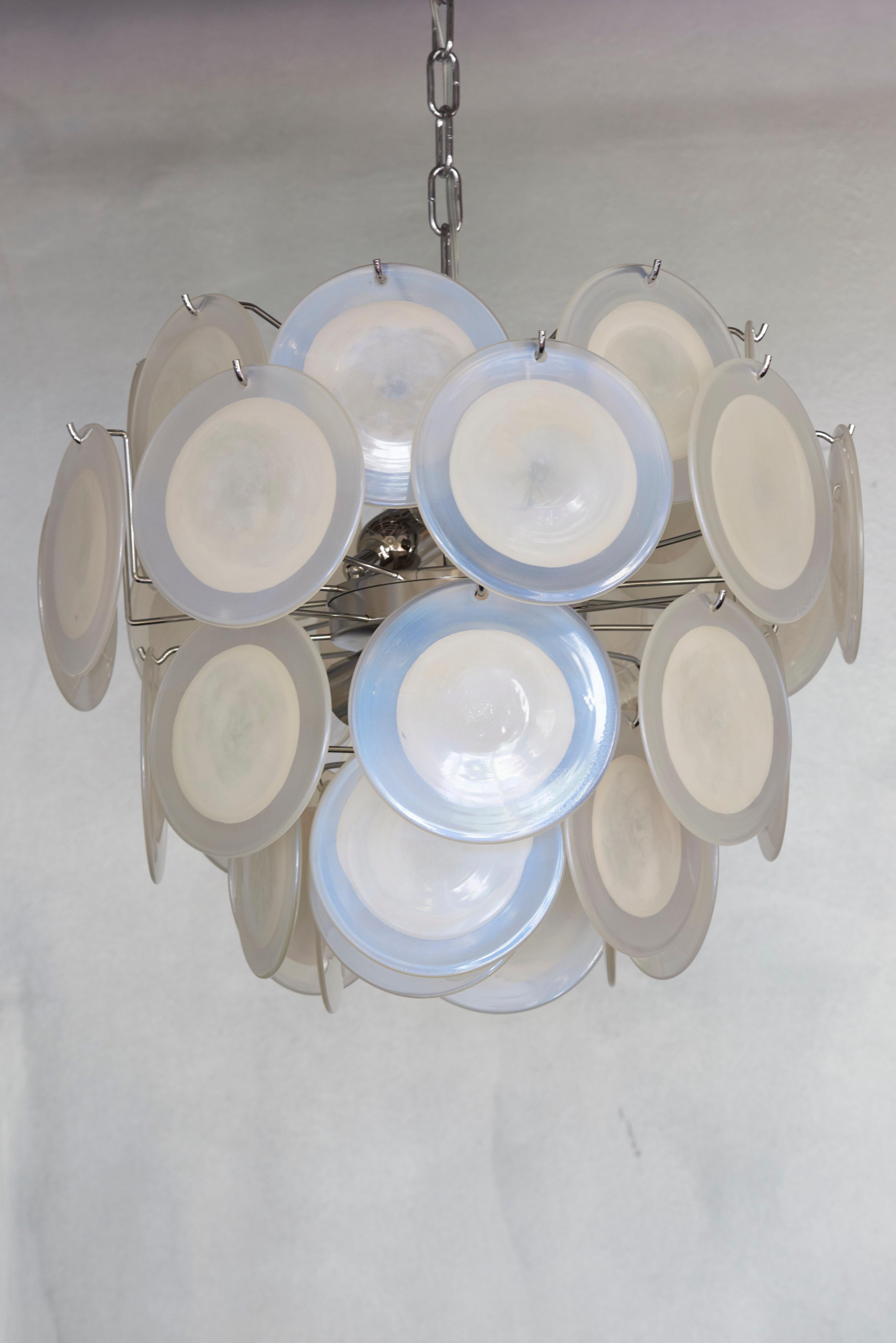 Metal One of Two White Iridescent Murano Glass Disc Chandelier  For Sale