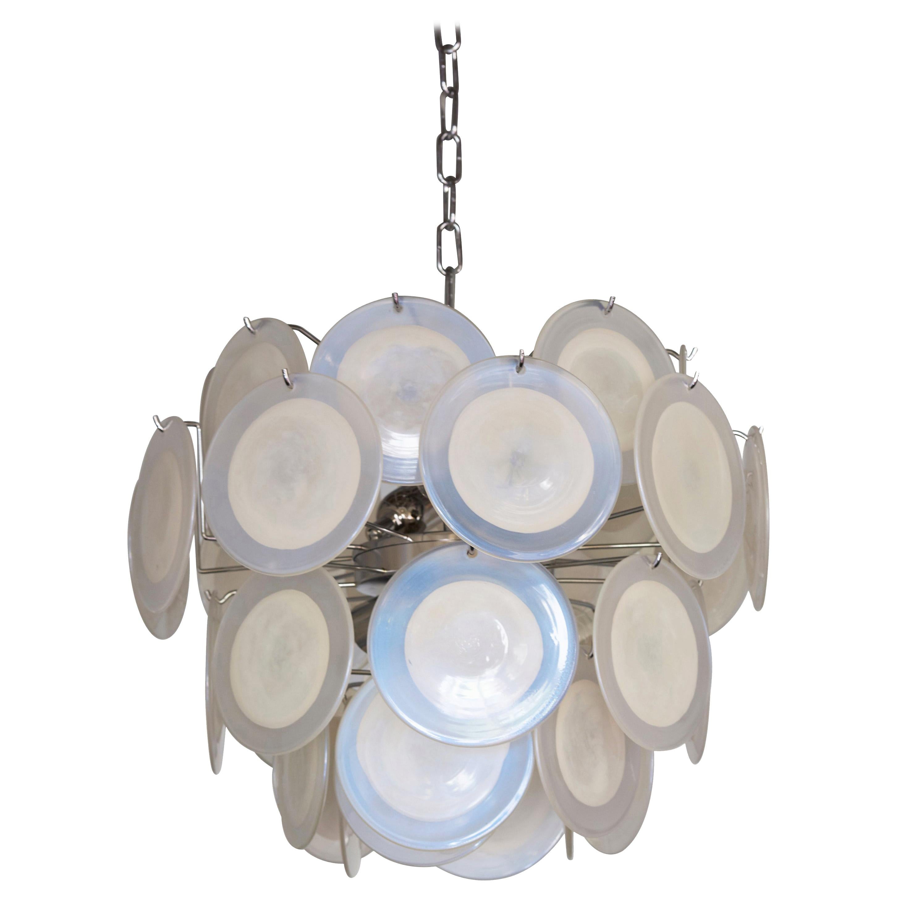 One of Two White Iridescent Murano Glass Disc Chandelier  For Sale