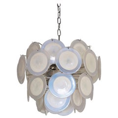 One of Two White Iridescent Murano Glass Disc Chandelier Attributed to Vistosi