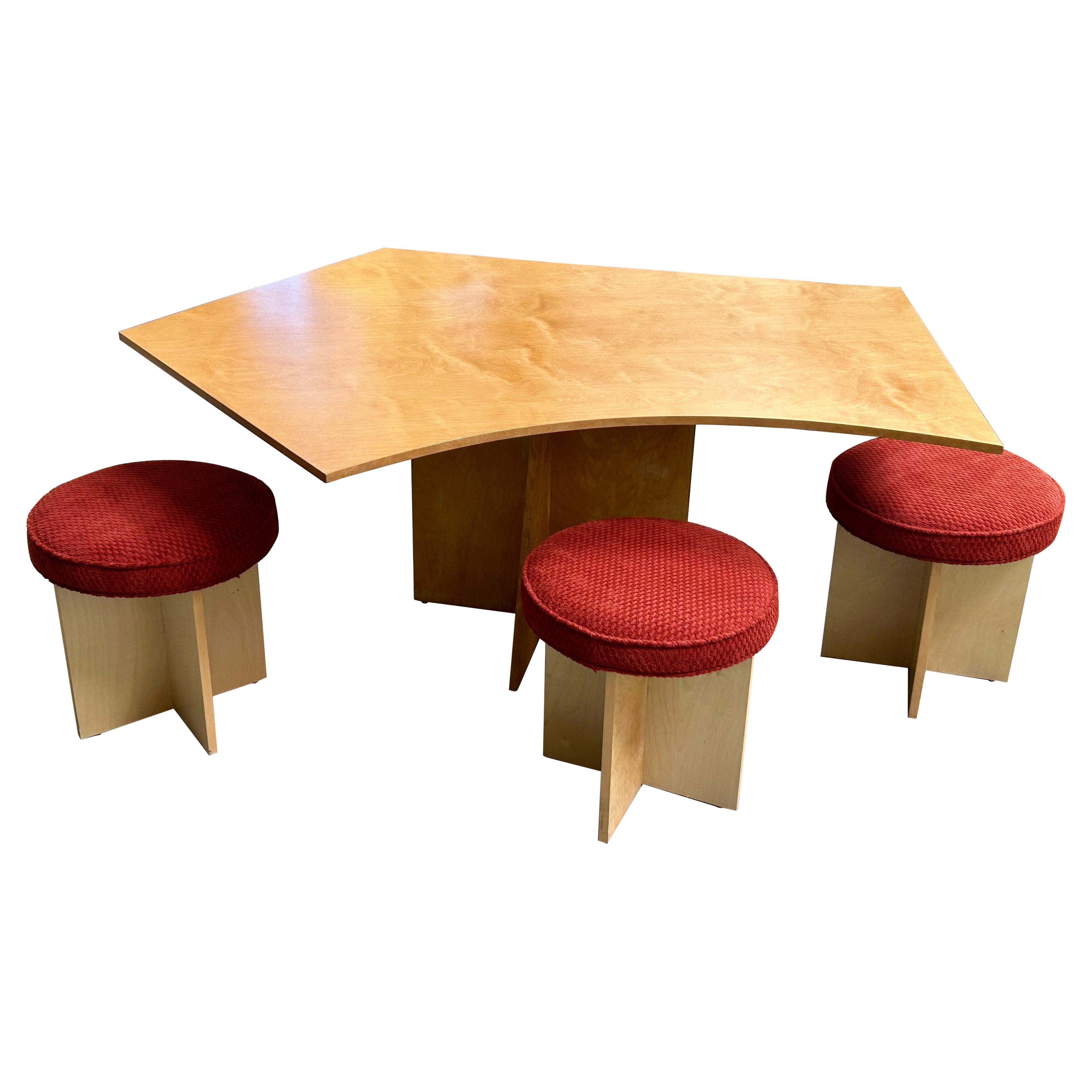 One-Off Asymmetrical Top Plywood Table + Four Stools by Di Vincente 2019 For Sale