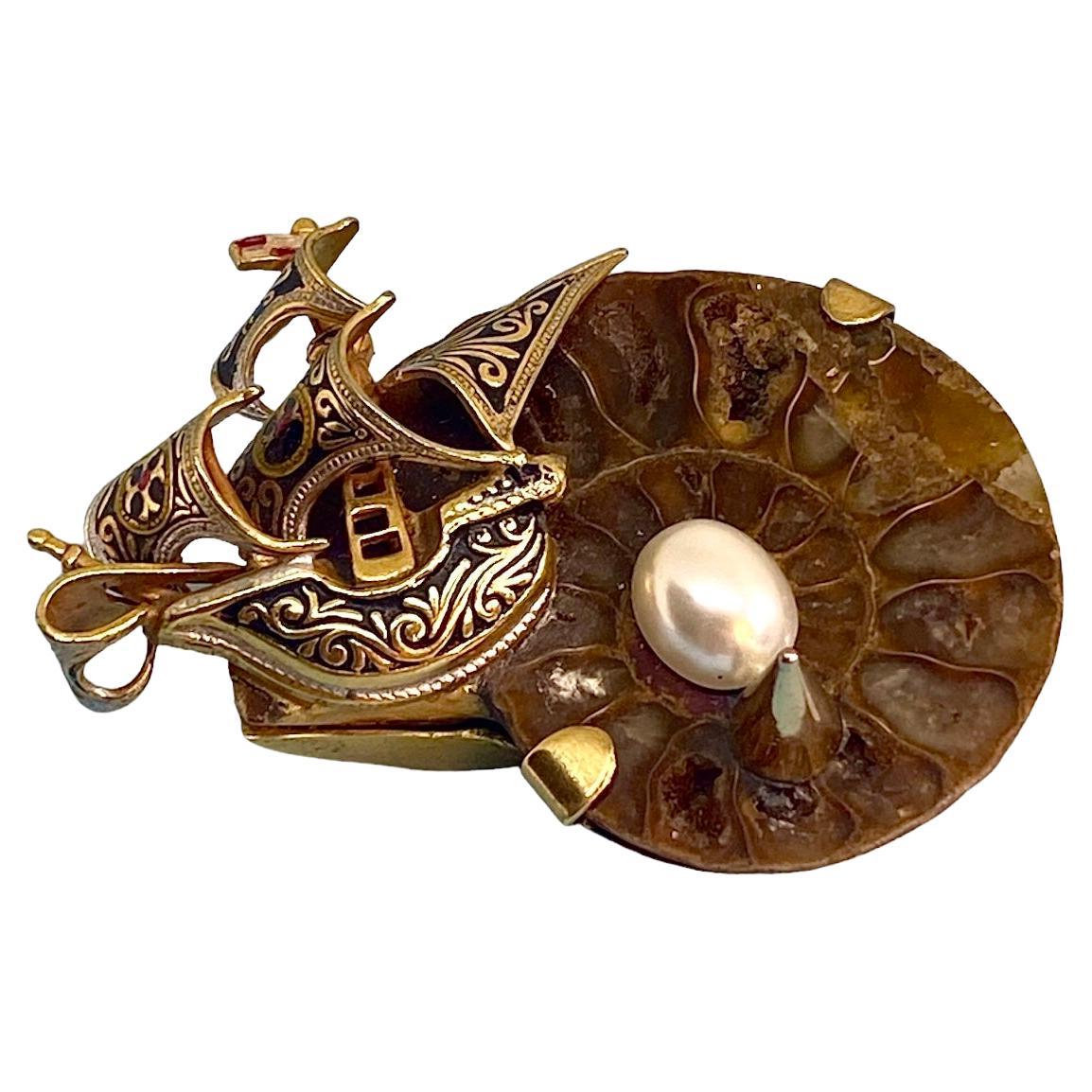 One Off Brooch Handmade & High Upcycling Fossil Gold Plated Bronze Vintage Pearl For Sale