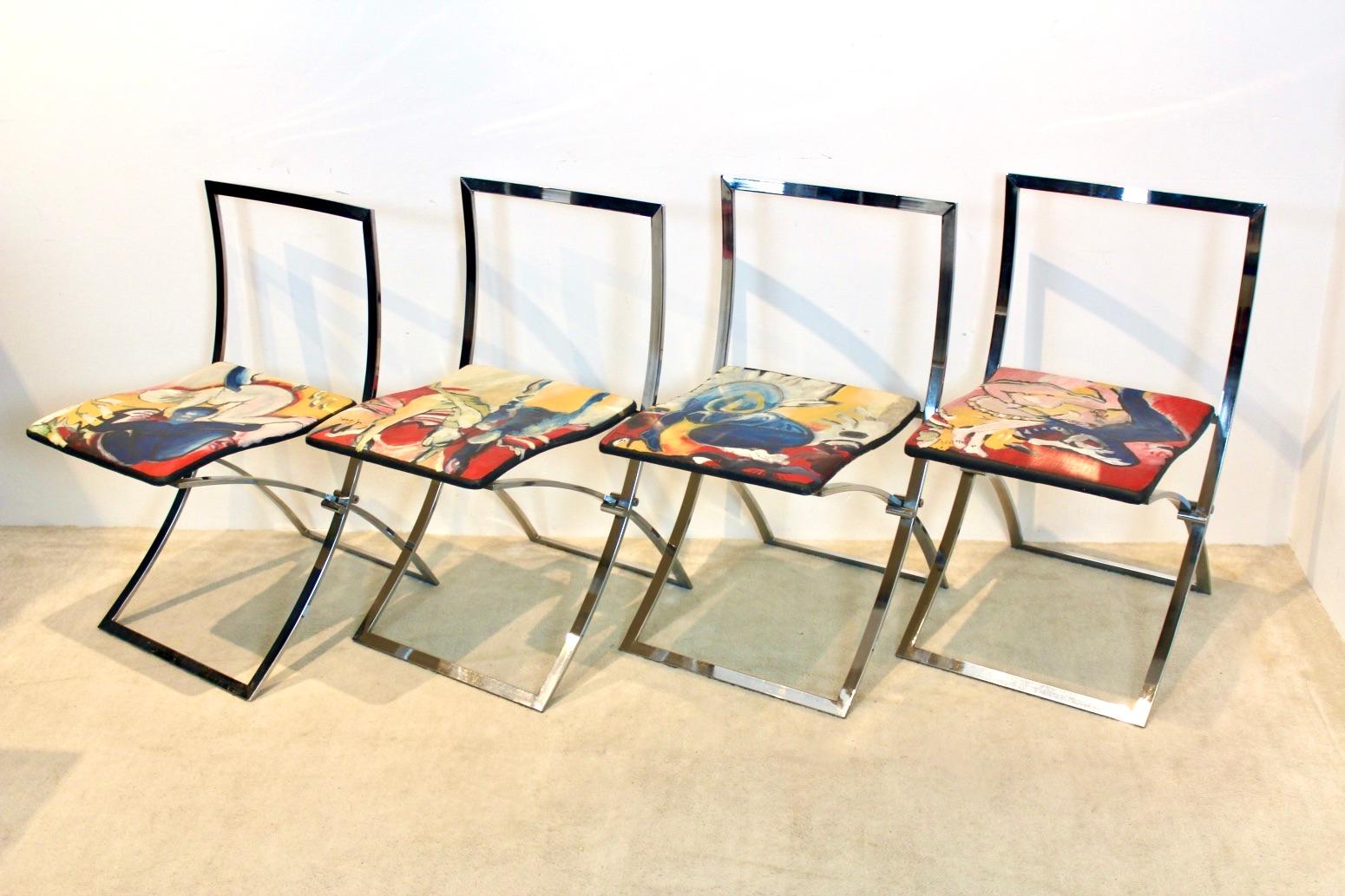 Exquisite set of four ‘Luisa’ dining chairs designed by the Italian architect Marcello Cuneo in the 1970s and manufactured by Mobel Italia. This is a unique and one off set where the upholstery is painted in the 1990s by a modernist painter