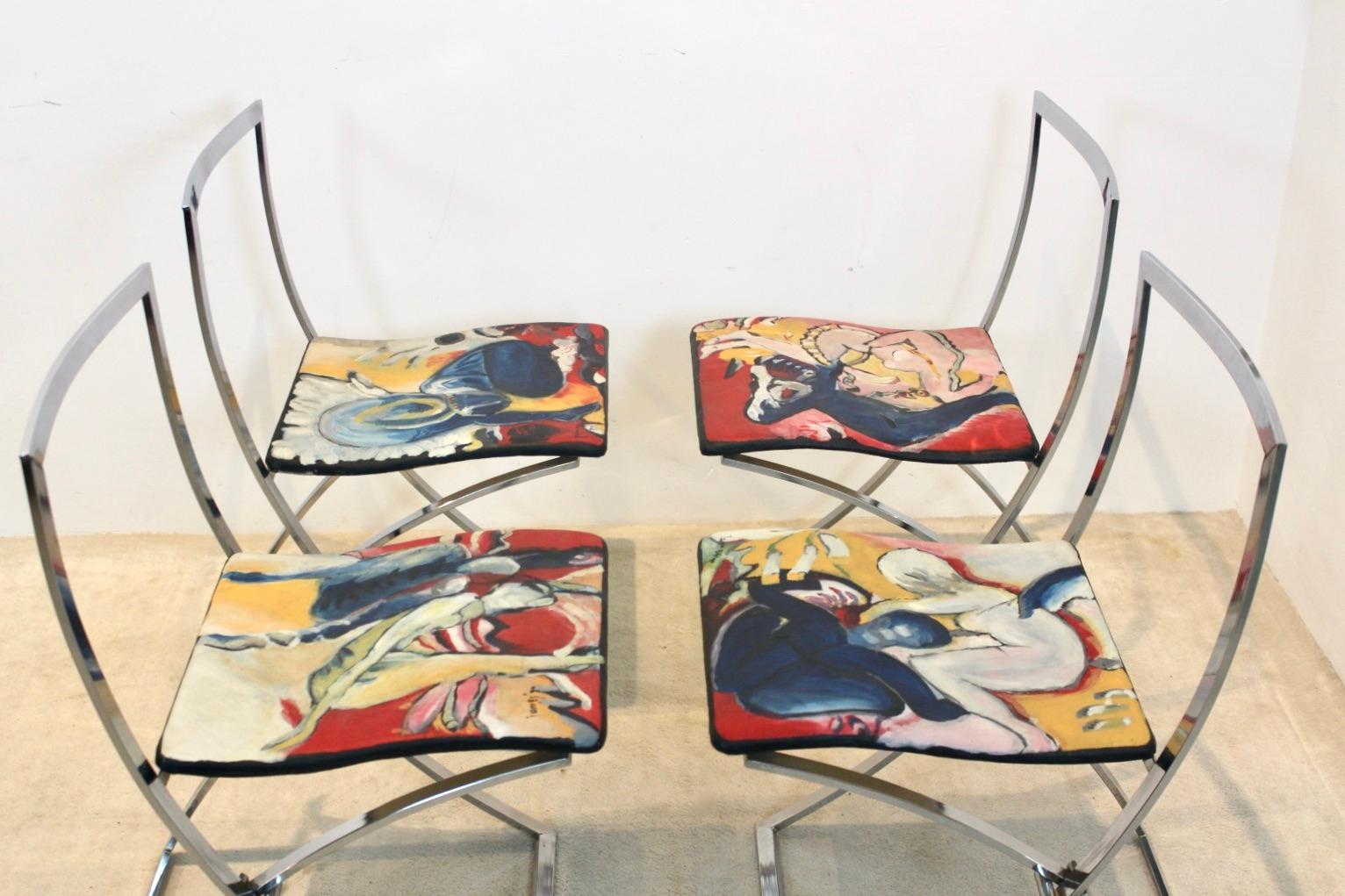 Italian One off Hand Painted Set of Four ‘Luisa’ Dining Chairs by Marcello Cuneo For Sale
