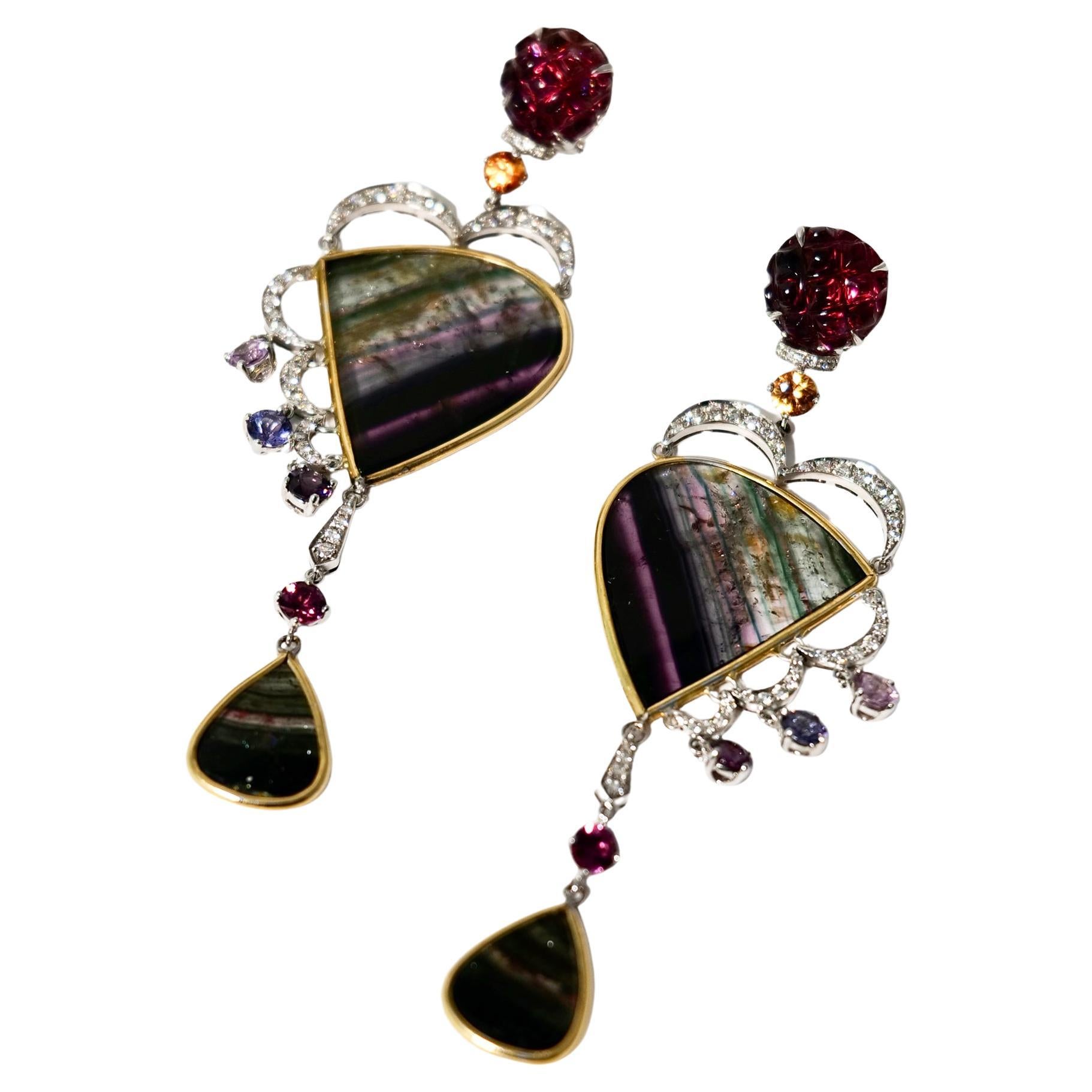 One off Handcut Tourmaline and 0.98ct White Diamond 18kt Earrings Made in Italy