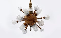 One off Kind Brass and Glass Chandelier, 18 Ornamental Glass Globes, Excellent