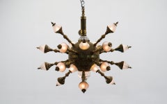 One Off Kind Brass and Glass Chandelier, 18 Sputnik Style Arms, 25 Lights Total