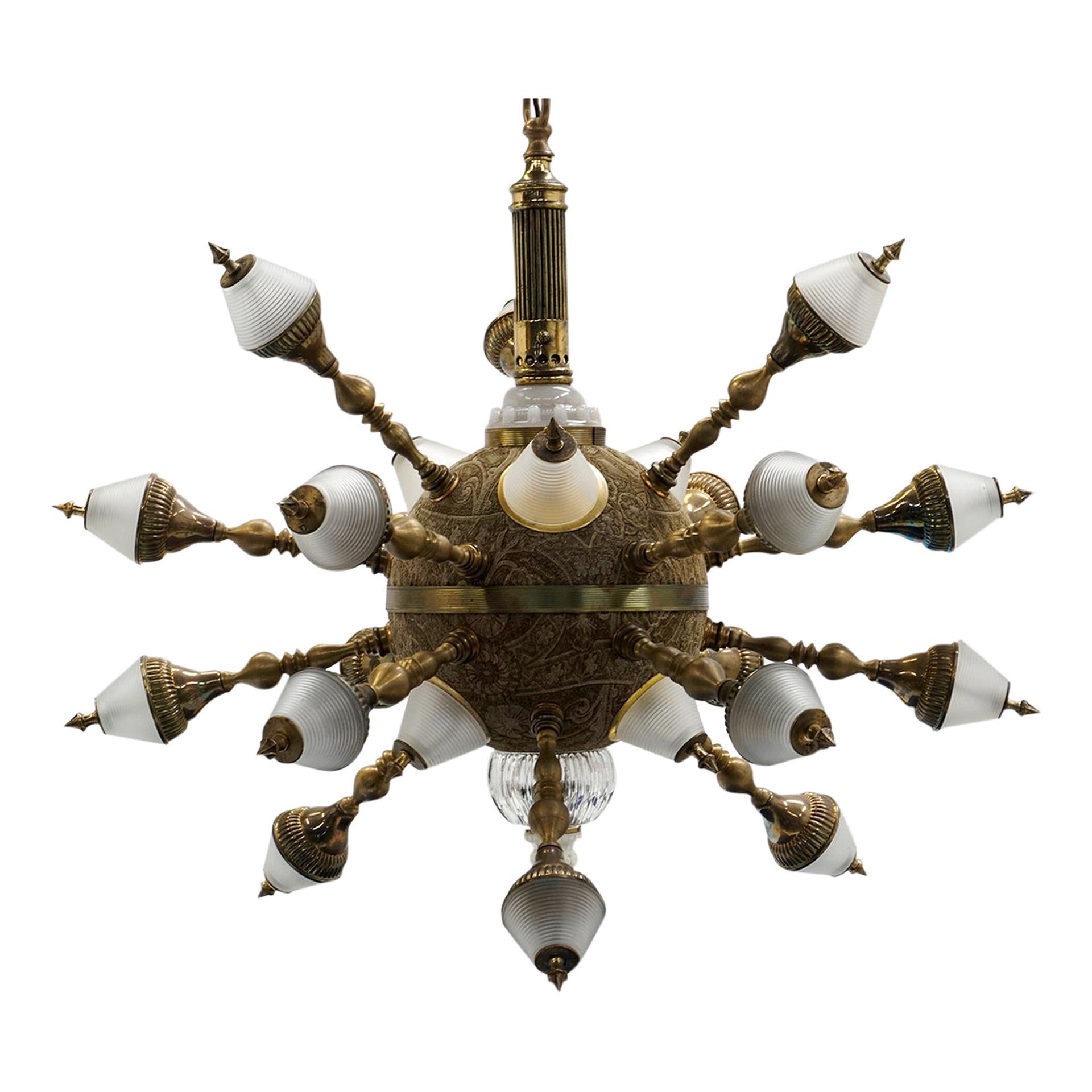 One Off Kind Brass and Glass Chandelier, 18 Sputnik Style Arms, 25 Lights Total