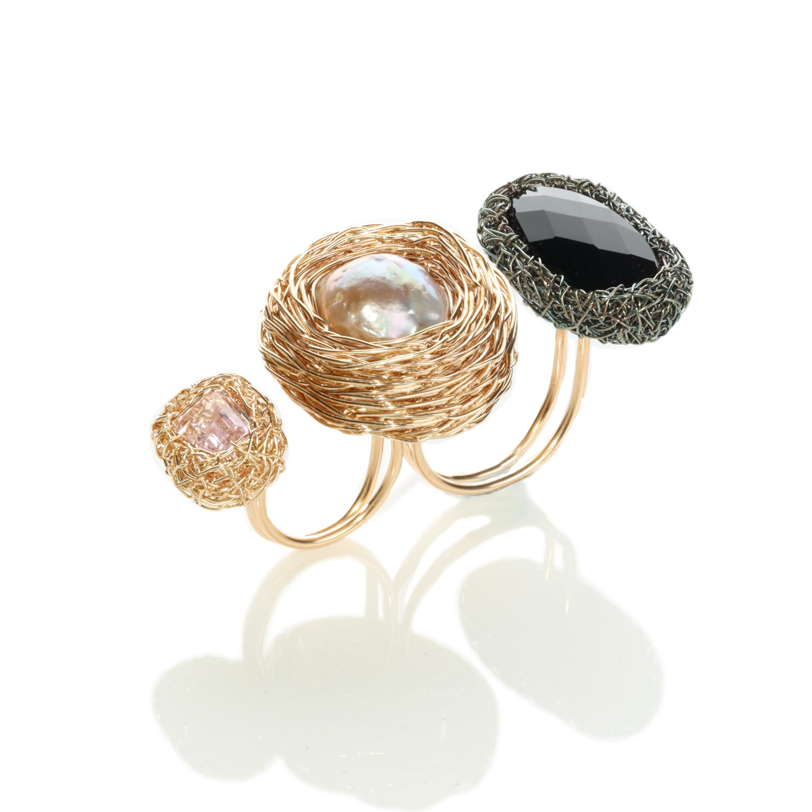 One-off Knuckle Pearl and stone Statement ring in 14 Karat Gold F. by the Artist For Sale 8