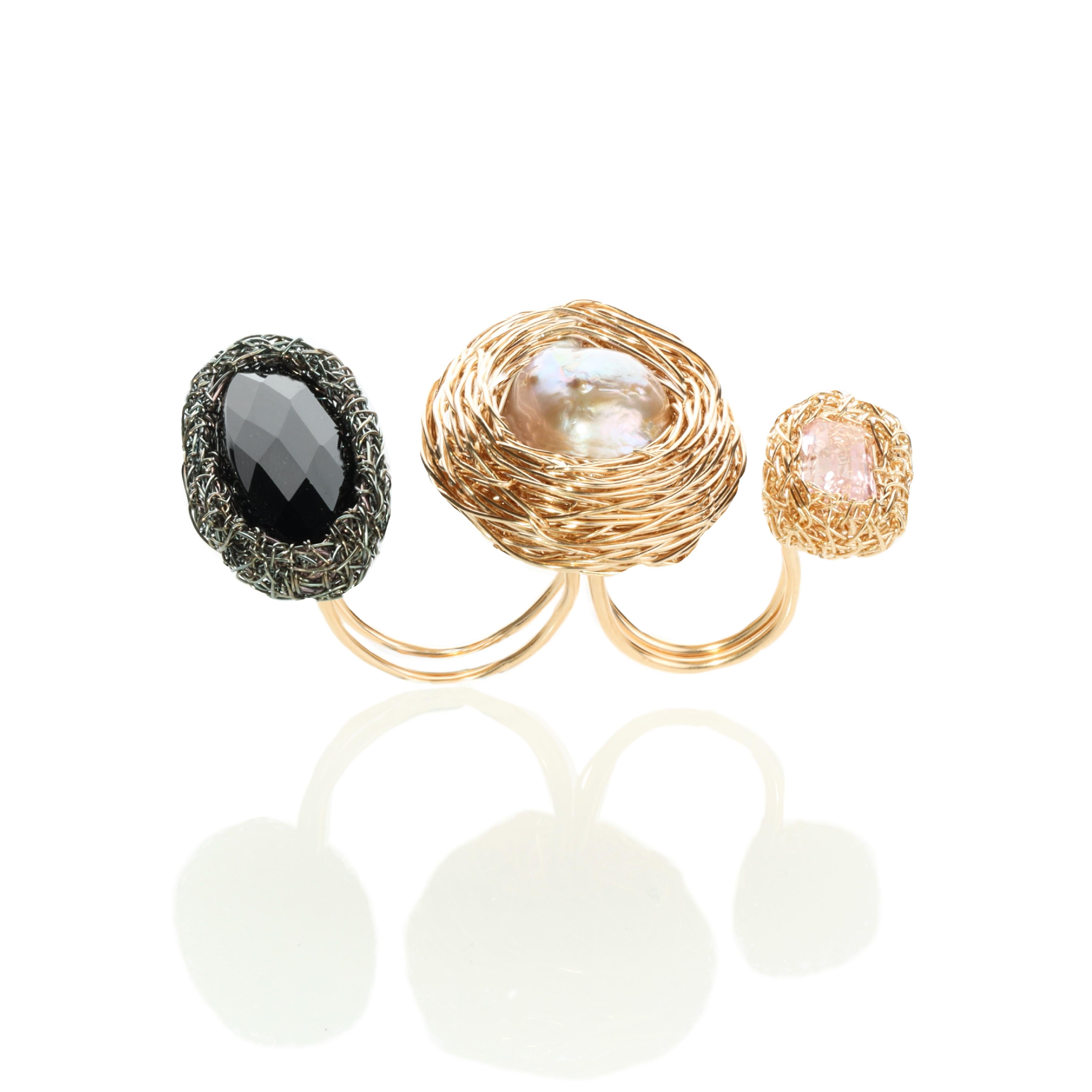 Contemporary One-off Knuckle Pearl and stone Statement ring in 14 Karat Gold F. by the Artist For Sale