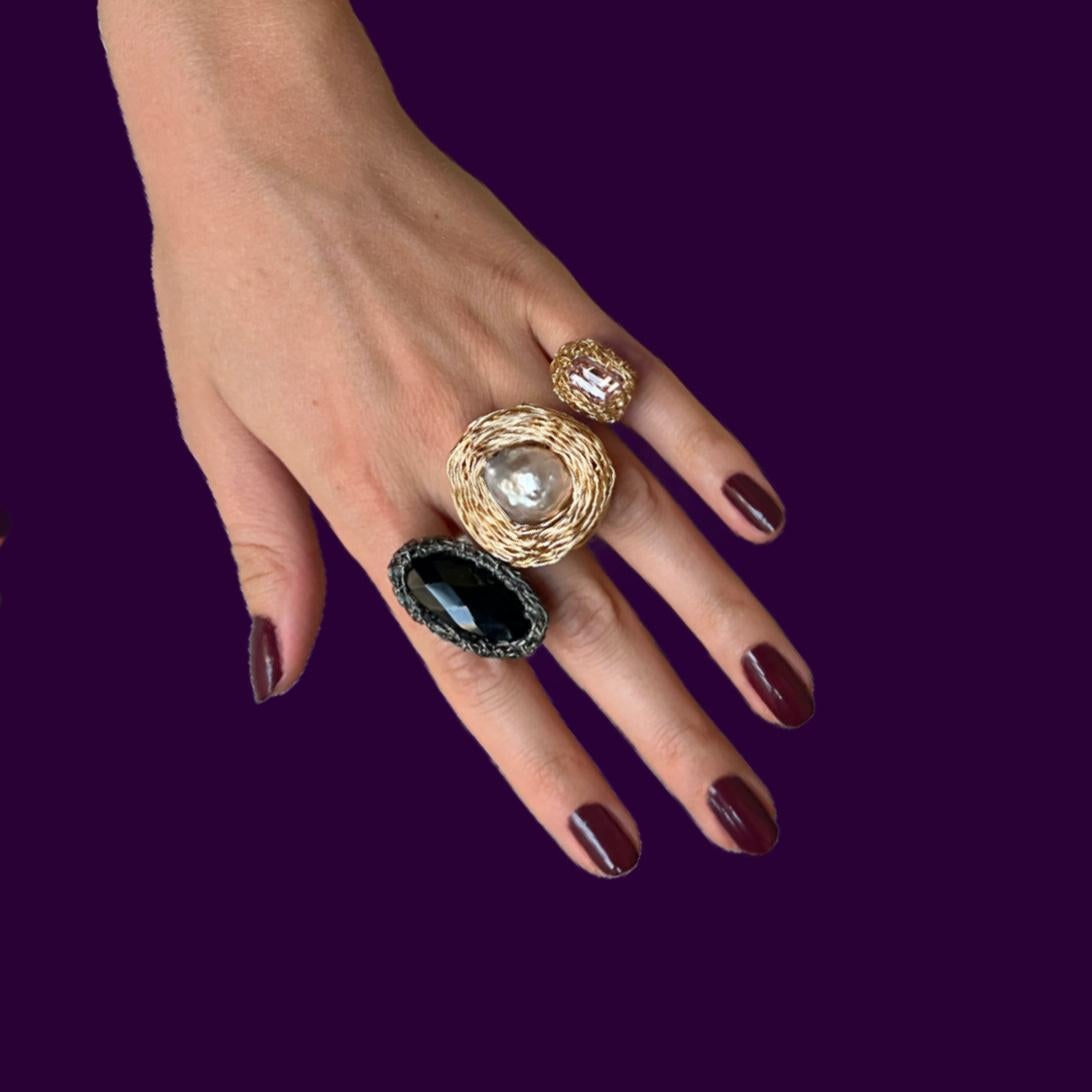 Bead One-off Knuckle Pearl and stone Statement ring in 14 Karat Gold F. by the Artist For Sale