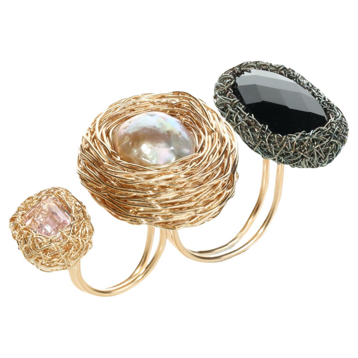 One-off Knuckle Pearl and stone Statement ring in 14 Karat Gold F. by the Artist For Sale