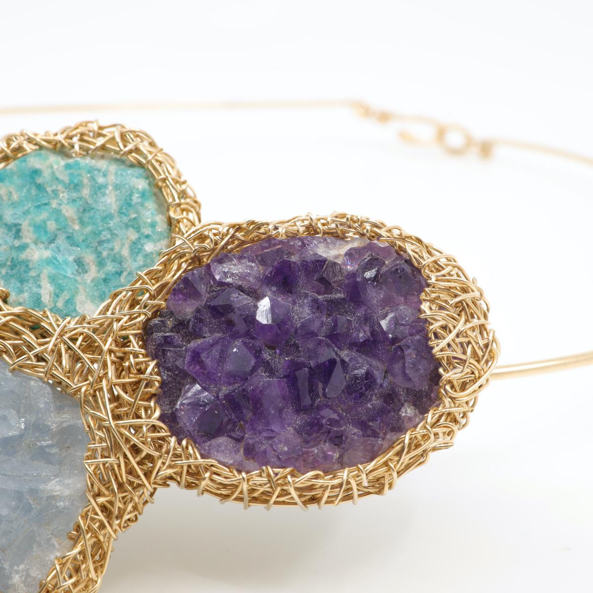 Contemporary One-Off Raw Stone Cluster Necklace in 14kt Yellow Gold F. by the Artist Herself For Sale