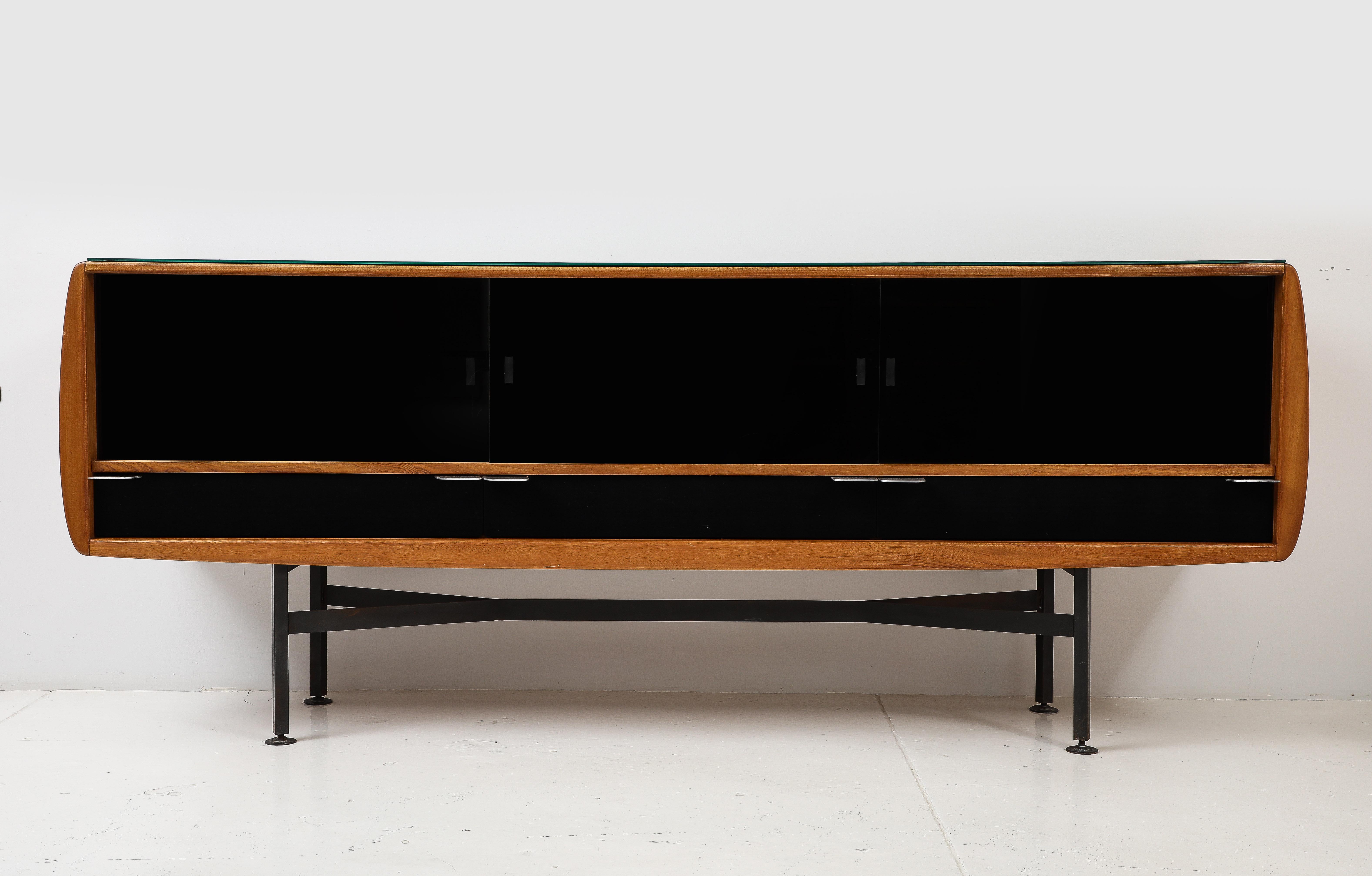 Ash and black Opaline glass sideboard on a wrought iron base, hand-made aluminum handles, an exceptional custom piece referenced in the Pompidou museum library.

