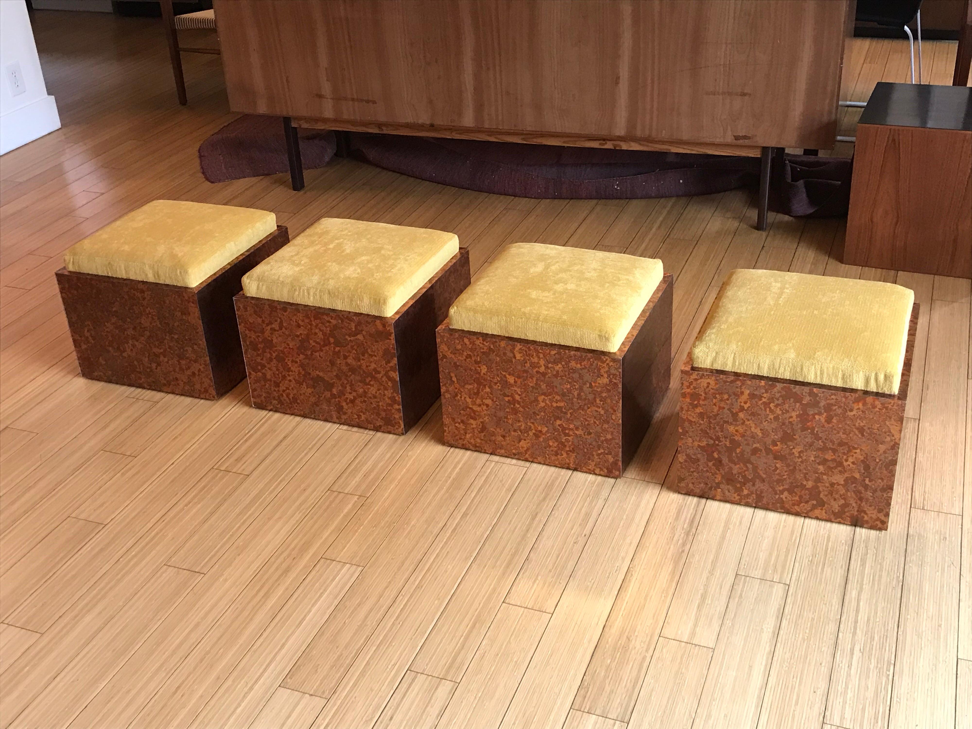 Ultra modern designs.
Simple and timeless form.
Plywood with mottled hue steel veneer with marigold upholstery.
Mr. Di Vincente studied at the San Francisco Art Institute. 
He lives and works in Lo Angeles.
Great for any occasion, living room,
