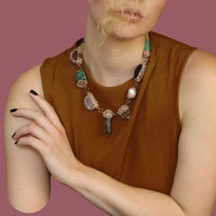 Collier en or jaune 14 carats avec perles et pierres semi-précieuses, unique en son genre