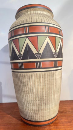 One-off West Germany Oversized Display Vase Sgraffito by Bay Ceramic