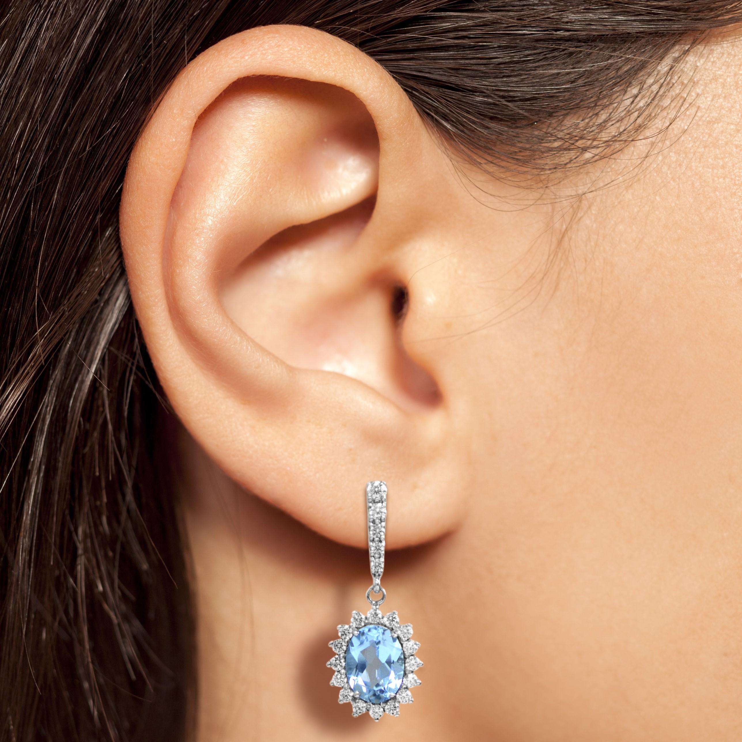 One Oval Blue Topaz with Diamond Halo Drop Earrings in 14K White Gold For Sale 3