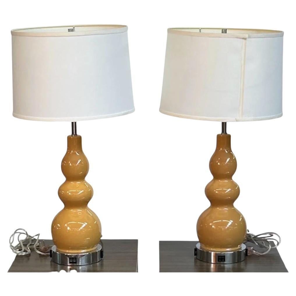 One Pair Christopher Spitzmiller Style Ocre And Chrome Lamps, Great Scale, Form. For Sale