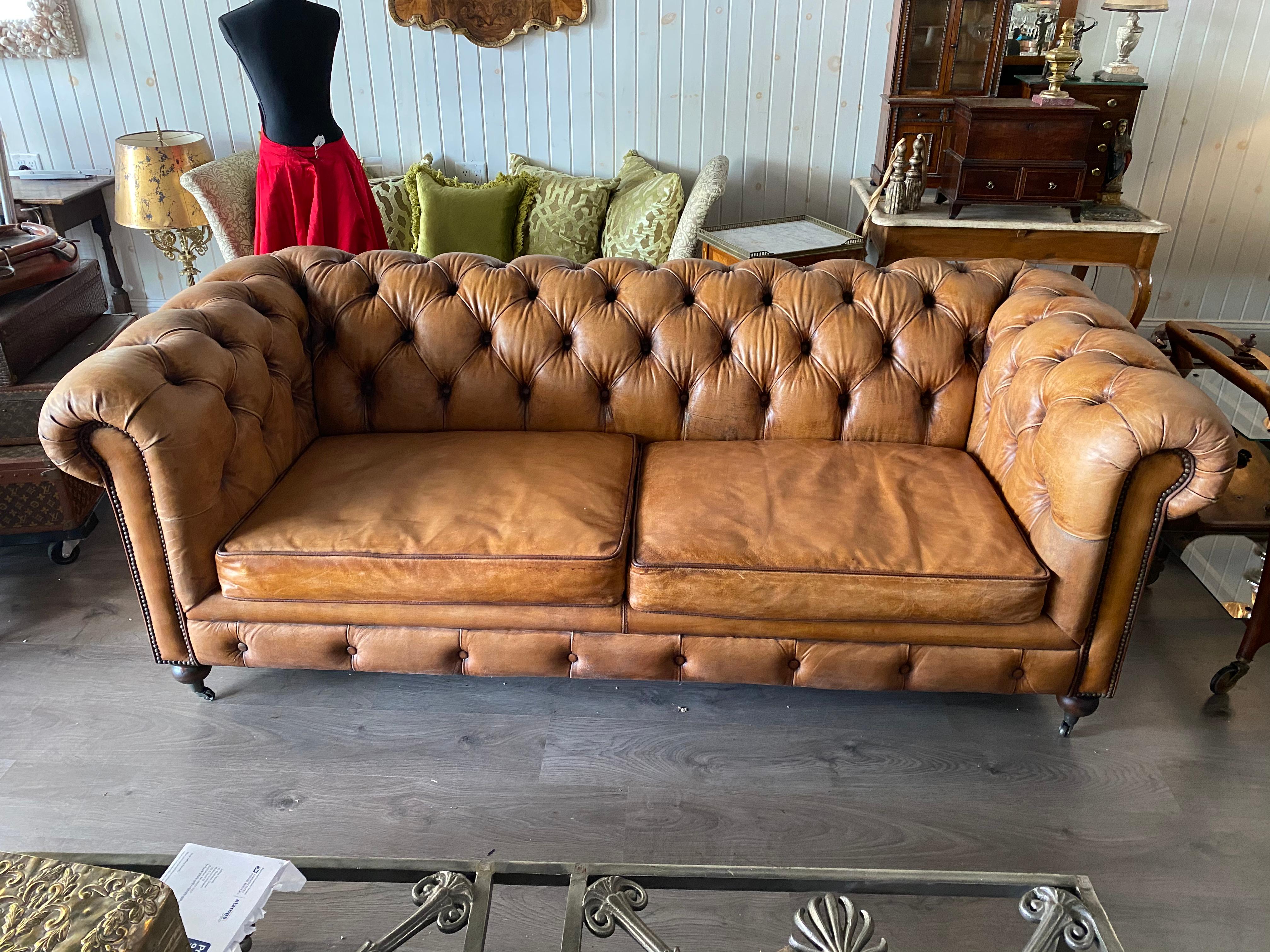 Unknown One Pair English Style Leather Chesterfield, Great Color with a Hand Applied Pat For Sale