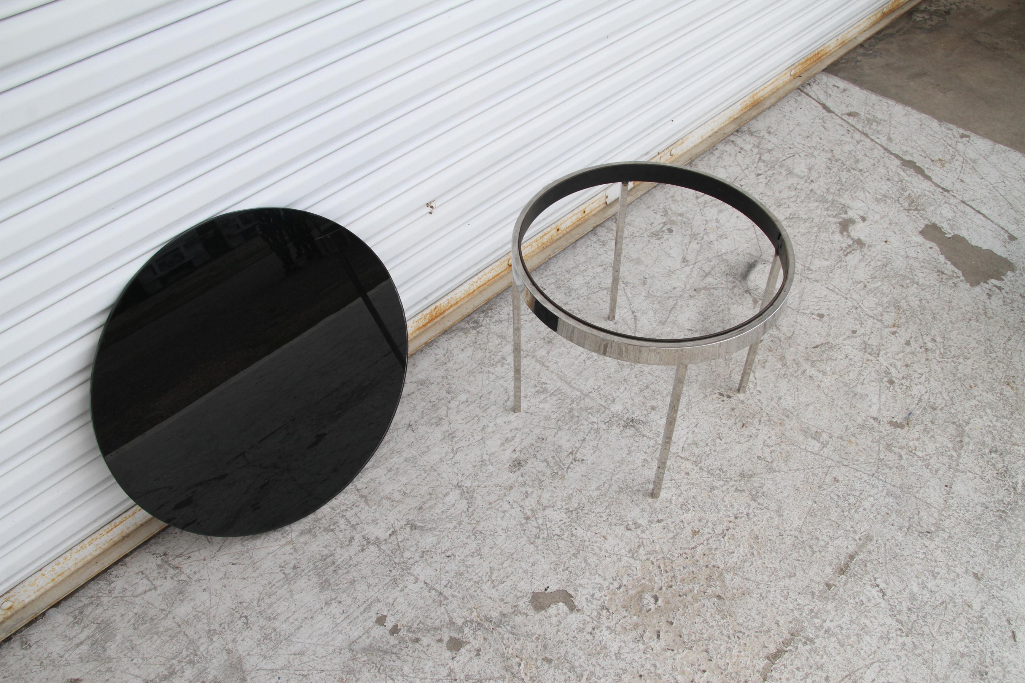 North American  One Pair Mid Century Smoked Glass and Chrome Side Tables  For Sale