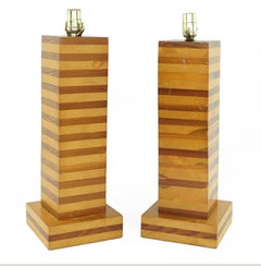One Pair Midcentury Wood Cubed Lamps