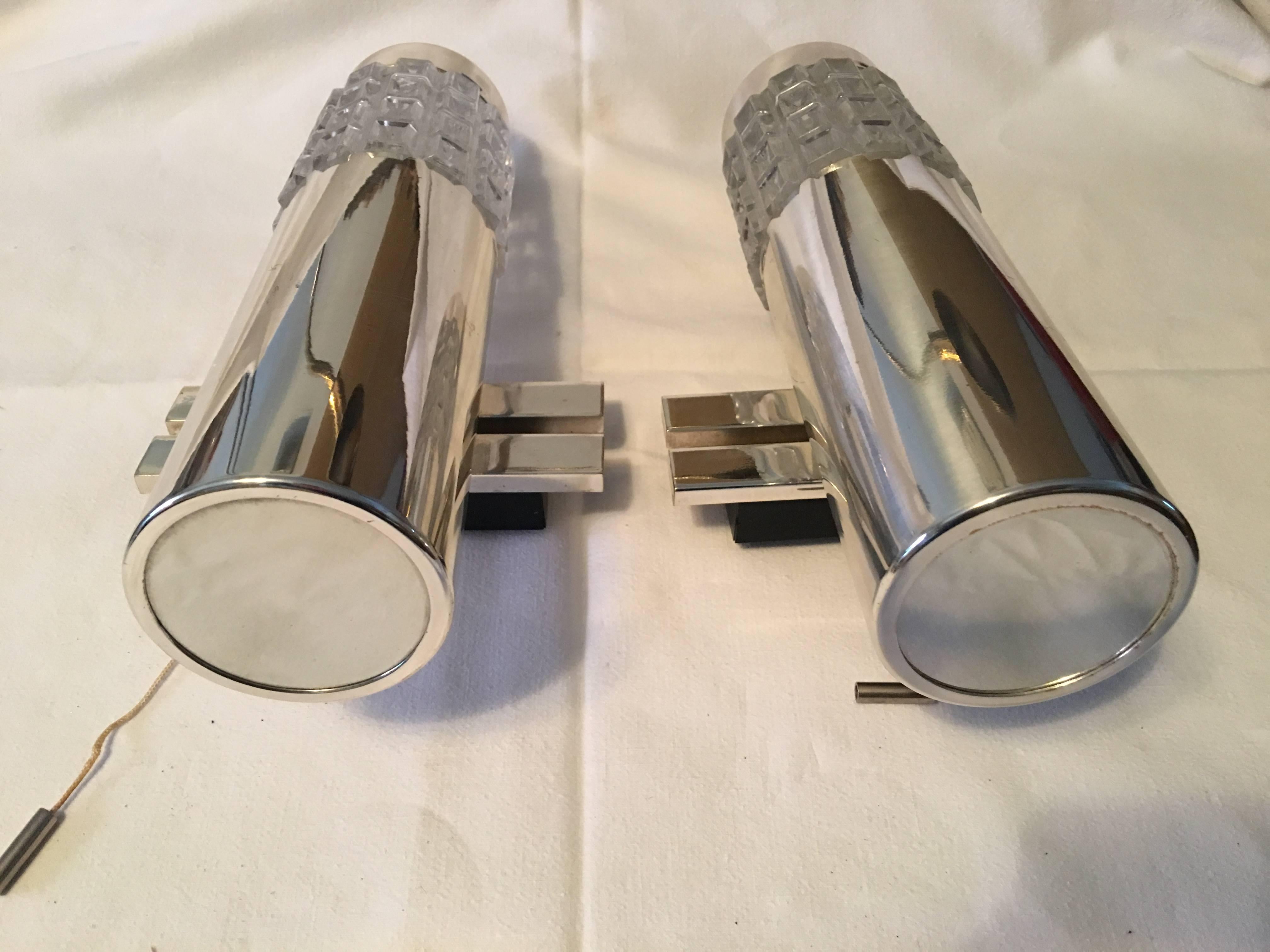 Iron One Pair of 1960s Chrome and Glass Kaiser Sconces For Sale