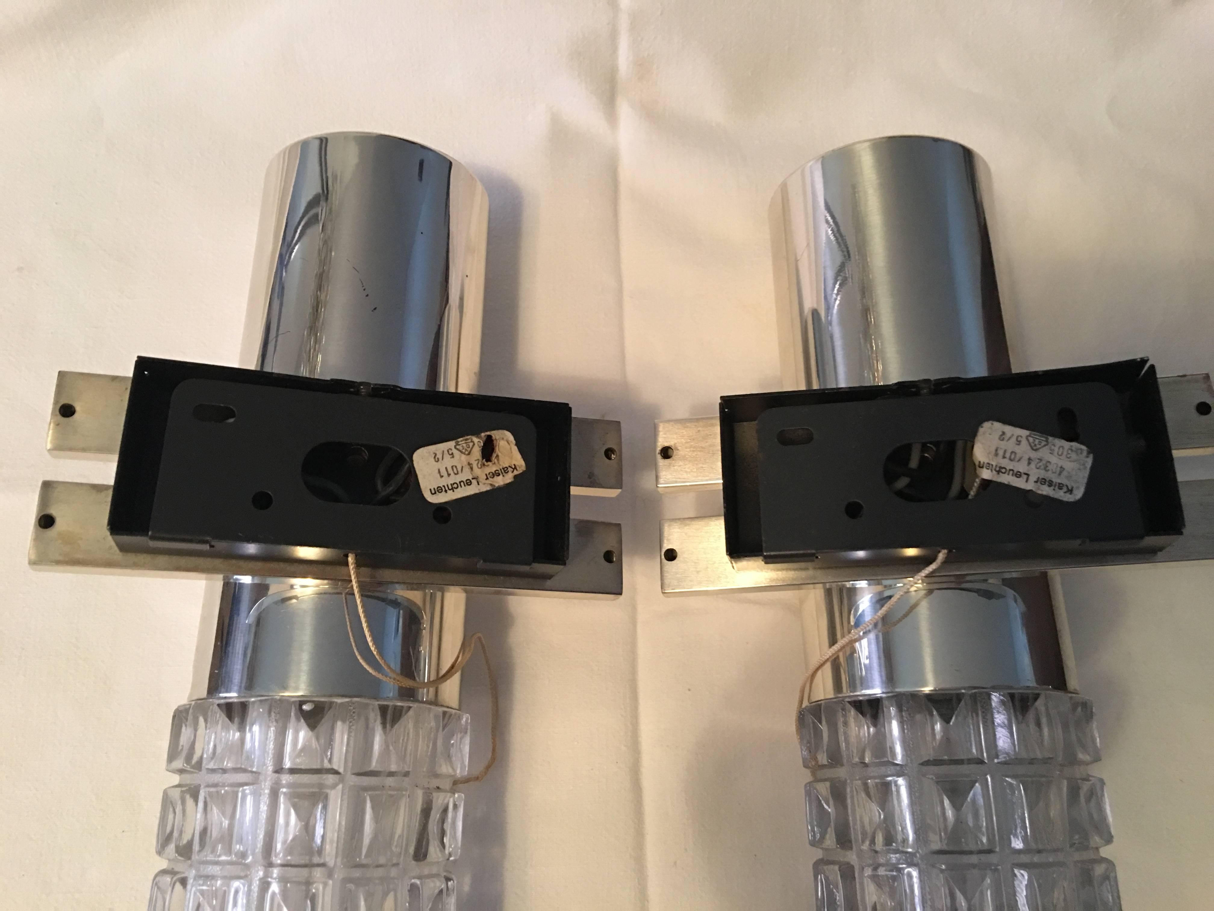 One Pair of 1960s Chrome and Glass Kaiser Sconces For Sale 1