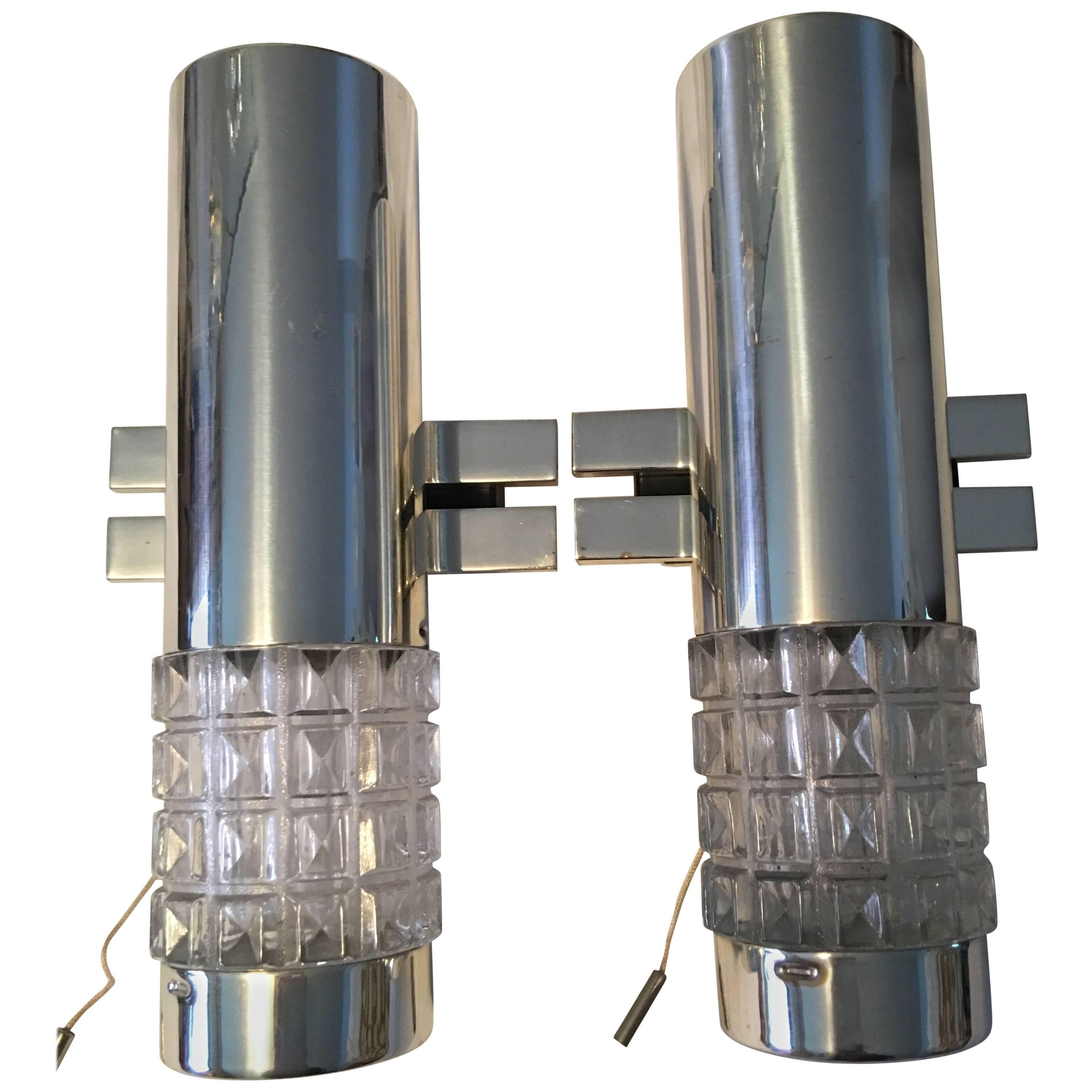 One Pair of 1960s Chrome and Glass Kaiser Sconces For Sale