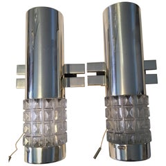 One Pair of 1960s Chrome and Glass Kaiser Sconces